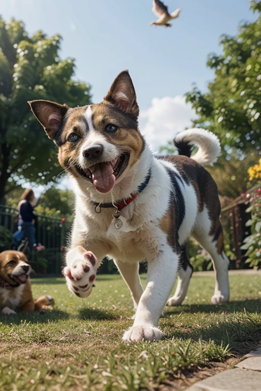 Draw a cartoon against the background of a bright garden with many pets playing. In the middle of the park, there are two main characters: Kiki the cat and Bobo the dog. Kiki looks graceful and ingenious, while Bobo looks cheerful and full of energy