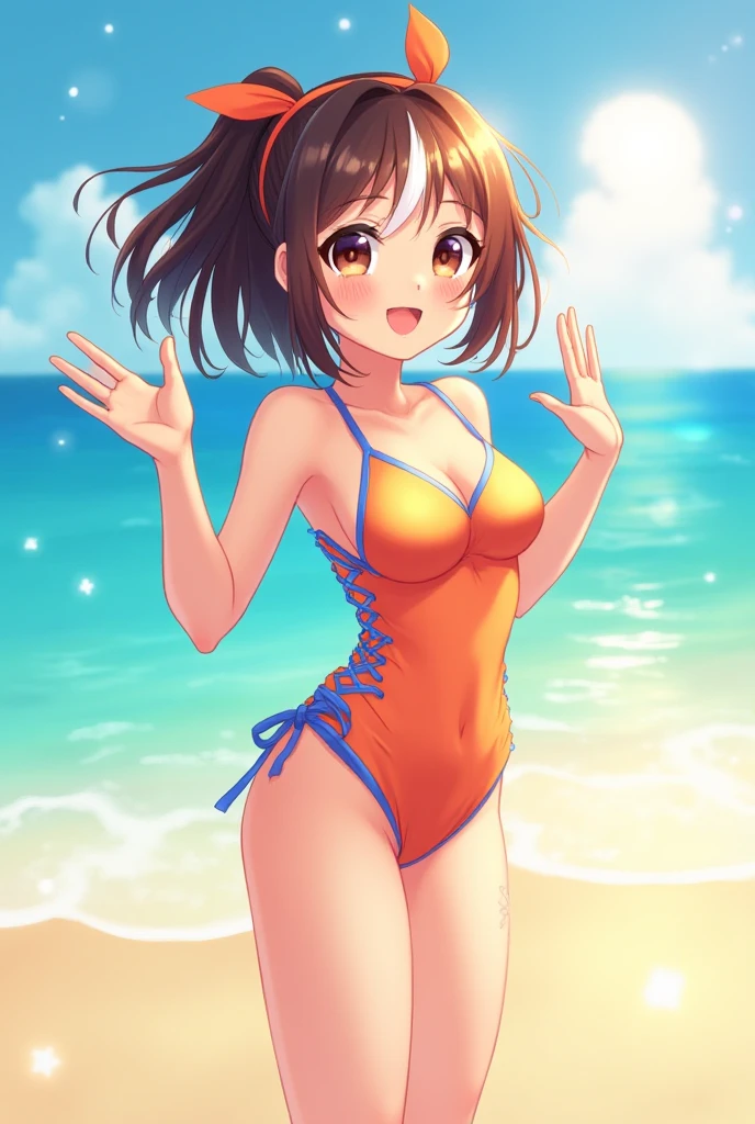 (Masterpiece, Best Quality, High Quality), (chibi),kousaka honoka, volumetric lighting, illustration, blue eyes,beautiful, tight ,(wet:1.2), wet thighs,Blushing, breasts, looking at viewer, flowers printed leotard swimsuit, white swimsuit,solo, curvy body,under water, floral print, looking to the side, confident, seductive smile, (arms behind back, head tilt:1.1), heart pendant,perfect lighting, perfect shadows, flower, (breathtaking scenery:1.1), tree, blushing,(her hair flying from the wind:1.3),(detailed hair strands),Water spray,(Water splash and water drops:1.3),(motion blur:1.3), open mouth