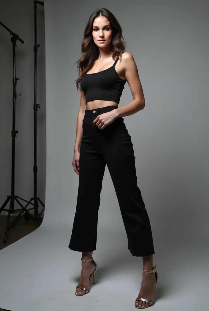 a 21 year old girl, modeling for a clothing brand, standing, modeling a black tailored pants, haute couture, high heels shoes, white background
