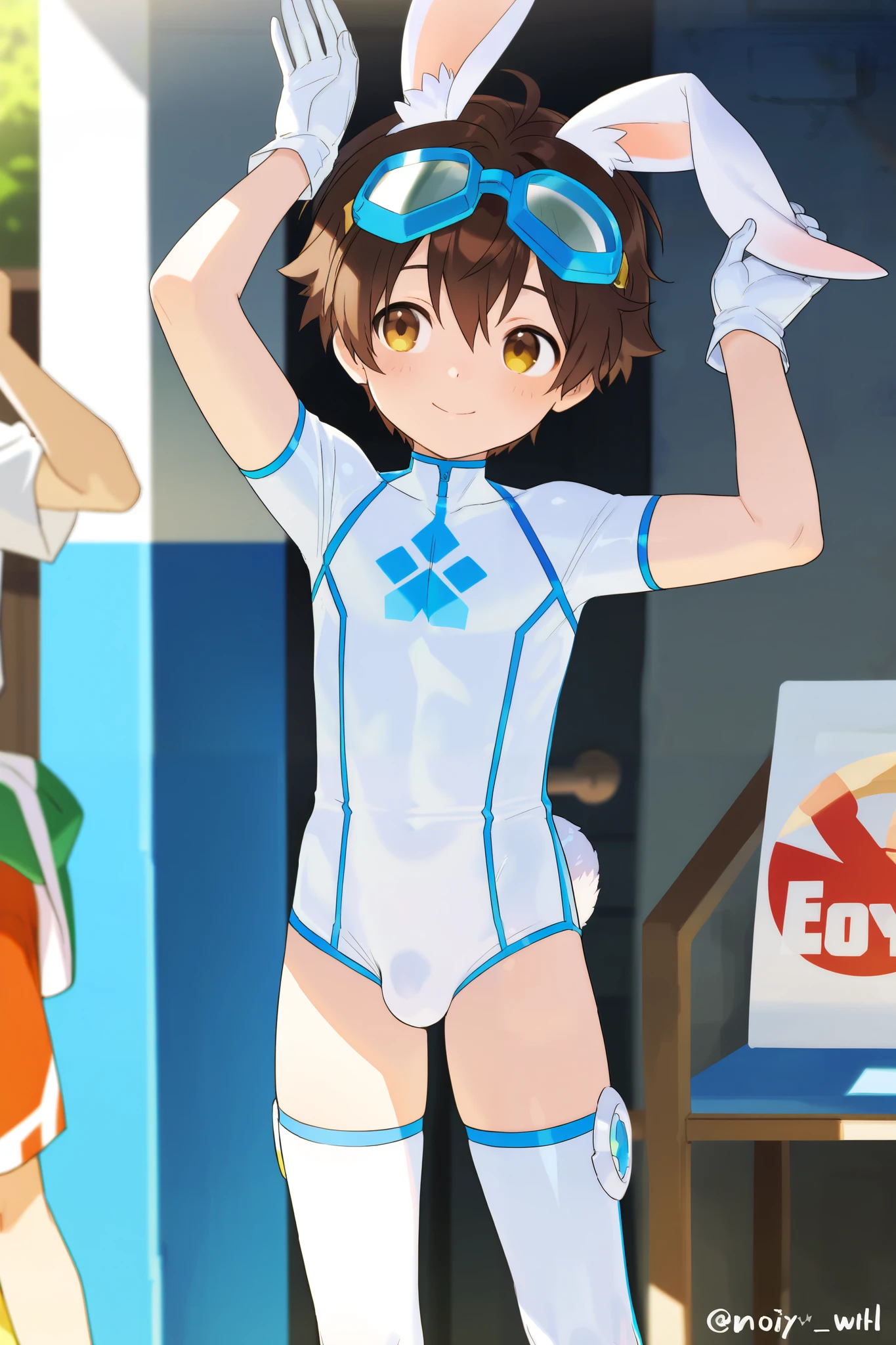 a boy, short hair,Boy in a blue and white bodysuit,Standing,cute,A with brown hair in white stockings,Goggles,looped rabbit ears, masterpiece, best quality ,male focus, Shota,enjoy,summer,Short sleeve,happy