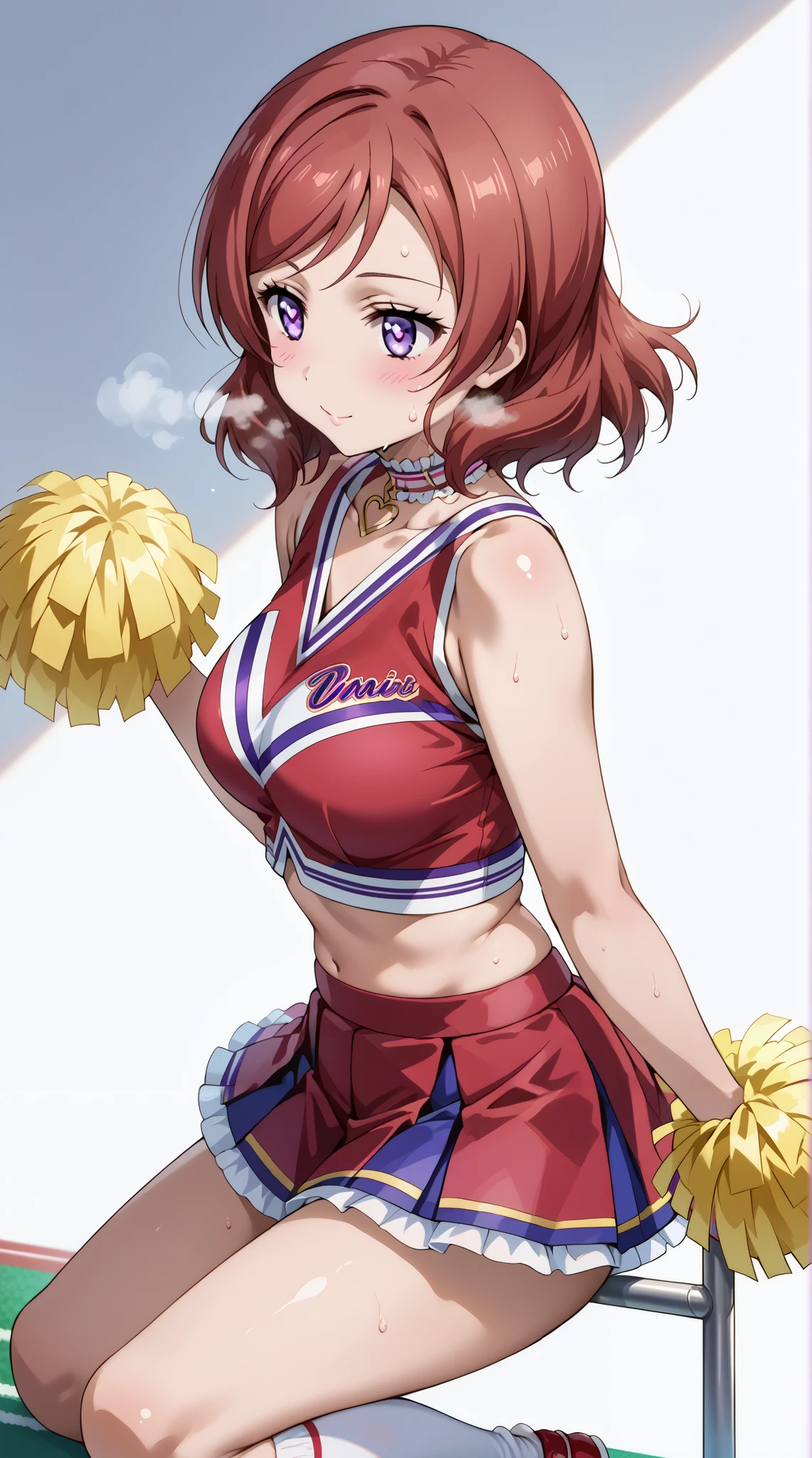 score_9, score_8_up, score_7_up, source_anime, 4K,perfect fingers,(perfect hands, perfect anatomy),prefect lighting, very aesthetic, intricate details,highly detailed background, masterpiece, high quality, best quality,
1girls,makinishikino, maki nishikino, short hair, purple eyes, red hair,((large breast)),
wearing ((cheerleader, frilled skirt、separate, Knee-high socks、Choker of Hearts, )) ,,
front, Angle from the side、White background, Simple Background、Character portrait, pink heart pupils, White Breath, Sweat,