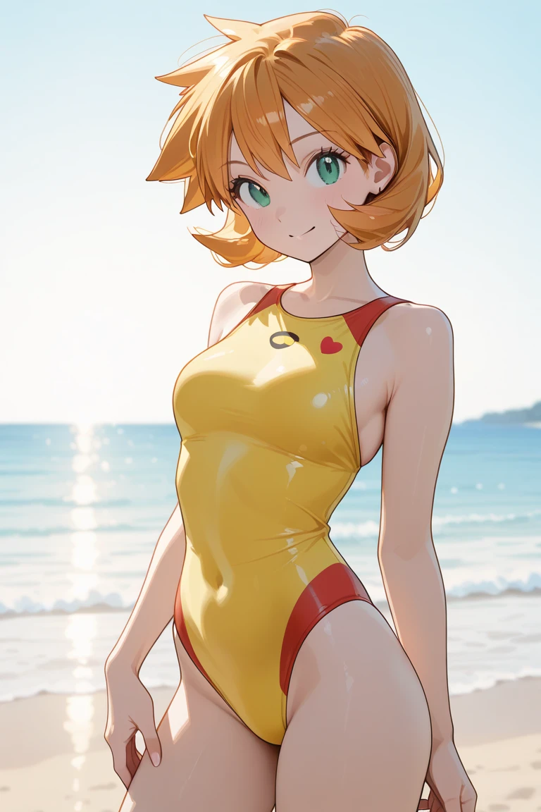 Misty de Pokémon, sexy girl, small, half naked, classic costume, dressed, short de mezclilla azul, top yellow, tirantes, YOUNG, skynny body, small and beautiful buttocks, toned abdomen, small and beautiful breasts, tiene una PokeBall en su mano, pose sexy y obscena, tierna, obscene, sensual, ella esta en el bosqie, el cielo esta resplandeciente e ilumina su belleza, Charizard in the background, sensual look, beautiful eyes, classic hairstyle, peinads con una coleta,Hair dyed in bright Orange color, best quality,4k,8k,A high resolution,masterpiece,ultra detailed,Realistic, Photorealistic,photo realistic