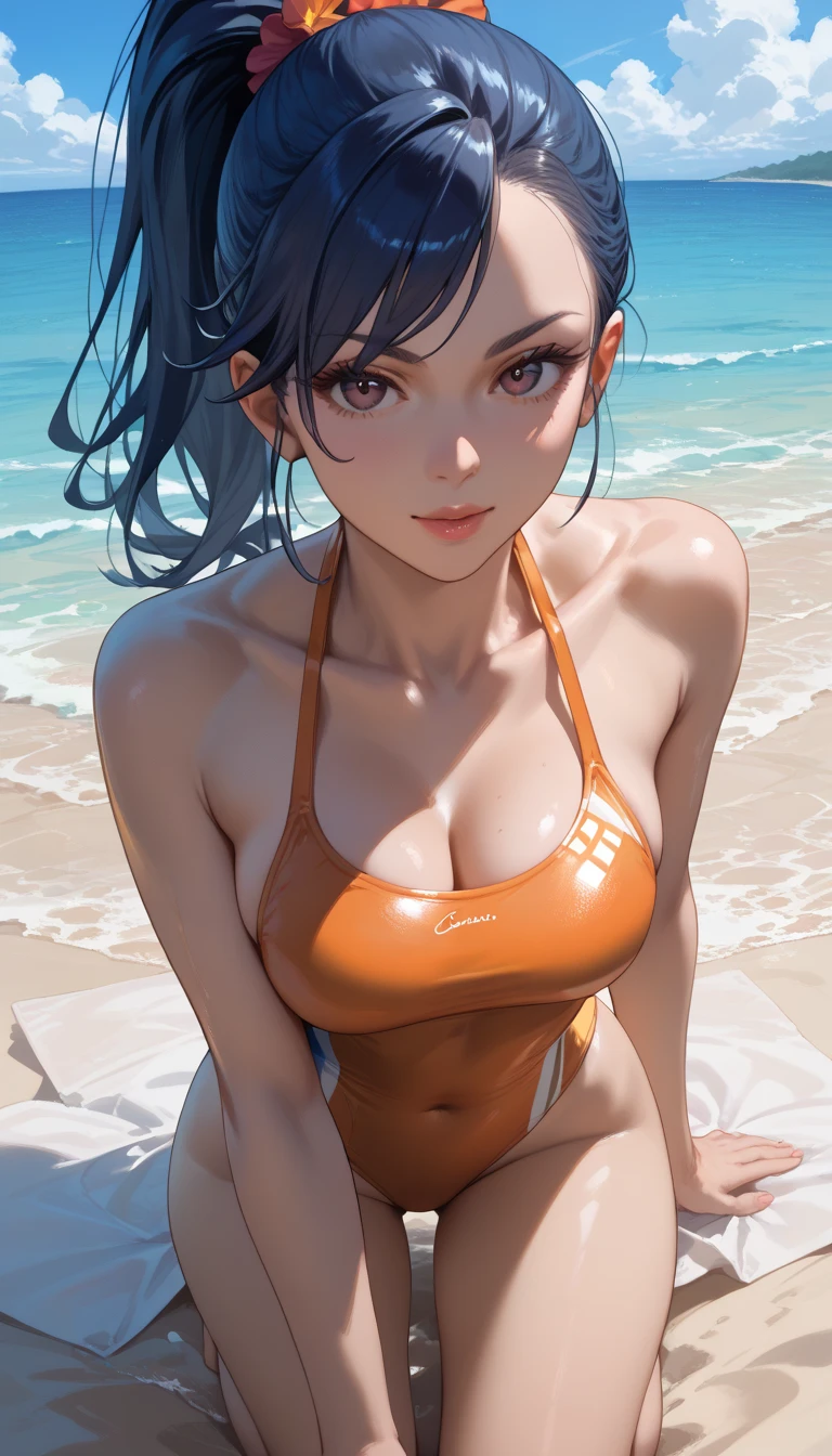 15 year old girl, 独奏,Sunset coast、Rear view wearing yellow competition swimsuit with big breasts and smiling buttocks、(Versatile sexy poses)(A masterpiece of close-ups looking up from below in the highest image quality, realisitic, ultra-detailliert, (shinny skin, Sweating: 1.4), Ridiculous, looking at viewert, short dark hair, Brown-eyed, slender, dynamic light and shadow, hight resolution, foco nítido, depth of fields, Narrow-eyed, Sharp pupils, Realistic pupils, (breasts are small: 1.6), (Thigh thickness: 1.0), Sunset Coast