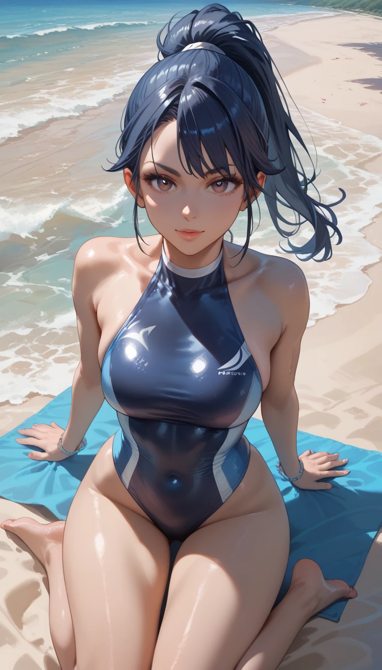 (masterpiece, best quality), photorealistic, cinematic, anime girl, ((vibrant and futuristic metallic two-piece swimsuit with matching visor:1.5)), ((seaside background:1.4)), 1 girl, blue hair, ((beachy waves hair cut:1.5)), ((full-body shot:1.3)), head to toe visibility, perfect anatomy, curvaceous body, alluring, long round legs, large cleavage, ((parted lips:1.5)), blushing, perfect eyes, perfect hands, anime girl is crouching elegantly, extremely detailed Artgem, ig model, artgem, alena aenami and artgem, krenz cushart and artgem, artgem and atey ghailan