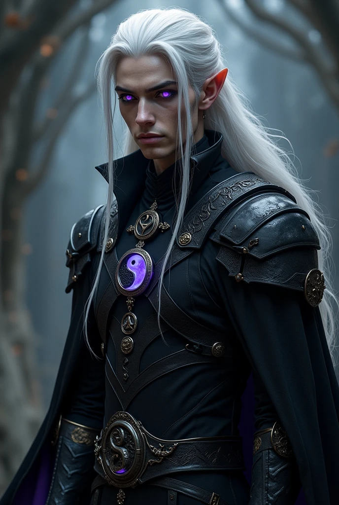 Male drow elf with white hair, purple eyes and a yingyang necklace ...