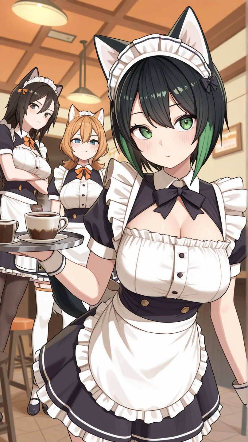 Highest quality, masterpiece,1 Girl,Yellow round eyebrows,Blonde Hair, Big fox ears,Big fox tail, ((Long green eyes)),((Green maid apron)),((White ruffle skirt)),Small breasts,Coffee shop,have_Silver round tray,Green round dish on a tray,10 years old,White pantyhose,Green boa boots,((Chibi)),smile,Open your mouth wide,teeth