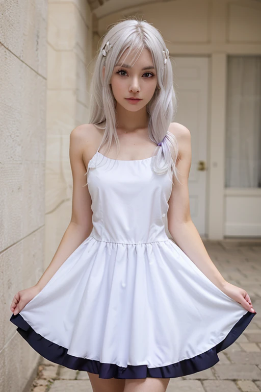 One girl,masterpiece,Highest quality,Blonde,stockings,Checked skirt),Short skirt JK,,Are standing,In total length,Medium chest,Very detailed,[[Realistic]],Beautiful and attractive anime teen,Enchanting anime girl,Swinging skirt,blue eyes, hair ornaments, Hair Ribbon,Show your forehead、Twin tails、Random color girls 、Lace choker, short hair,,No bra,,Very detailed肌, Very detailed顔, (Beautiful Fine Eyes, the girl, Red cheeks) ,The girl has a toned figure., Intricate details,Closely、Embarrassed expression、blush、Shining Sweat、Perfect Skin,Sweat is noticeable in the cleavage、、Sweating on thighs is noticeable、 Fair skin,Tight waist, Sweating profusely、Sweaty hair、Sweaty clothes、Sweaty、Visible sweat、Sweat-soaked hair、Athlete System、cherry blossoms、Blonde、Silver Hair、