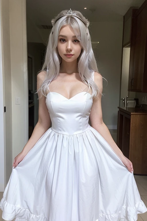 22 year old white female、Hair color is platinum blonde、blue eyes、Longhaire、Straight hair、accessories on wrist、I'm wearing a choker、skin is smooth、a smile、Slender but muscular body、I'm pounding my chest、a smile、wearing a skater dress