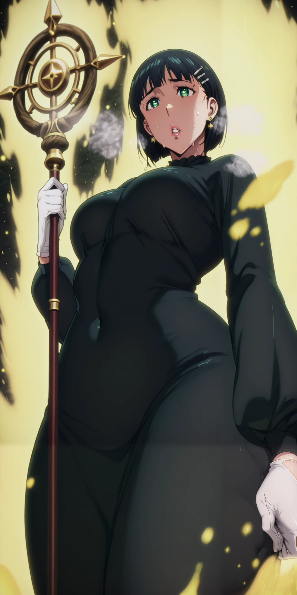 perfect eyes, perfect fingers, gasping, heavy breathing, excessive sweating, sweating, sweating profusely, gasping profusely, cinematic, ((skindentation)), ((curvy)), suguha kirigaya, short hair, black hair, hair ornament, hairclip, green eyes, bright pupils, plump, BREAK anime-style, anime coloring, cgi, Hand drawn, cinematic, Sharp focus, humorous illustration, big depth of field, Masterpiece, concept art, trending on artstation, Vivid colors, Simplified style, trending on ArtStation, trending on CGSociety, Intricate, Vibrant colors, Soft Shading, Simplistic Features, Sharp Angles, Playful, excessive sweating, sweating profusely, sweating drop BREAK, 1girl, solo, gloves, breasts, earrings, jewelry, white_gloves, black_hair, staff, looking_at_viewer, parted_lips, holding, dress, from_below, holding_staff, long_sleeves, puffy_sleeves, covered_navel, black_dress, ((dusty)), ((aura)), Cinematic, black aura, 