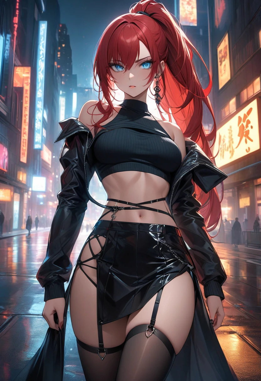 ((Stunning high resolution illustration of girl with orange hair and long purple locks, Purple eyes, vestindo roupa branca e preta escolar, segurando um rifle de franco atirador, em uma pose sexy, on top of a building, ultra detalhada))