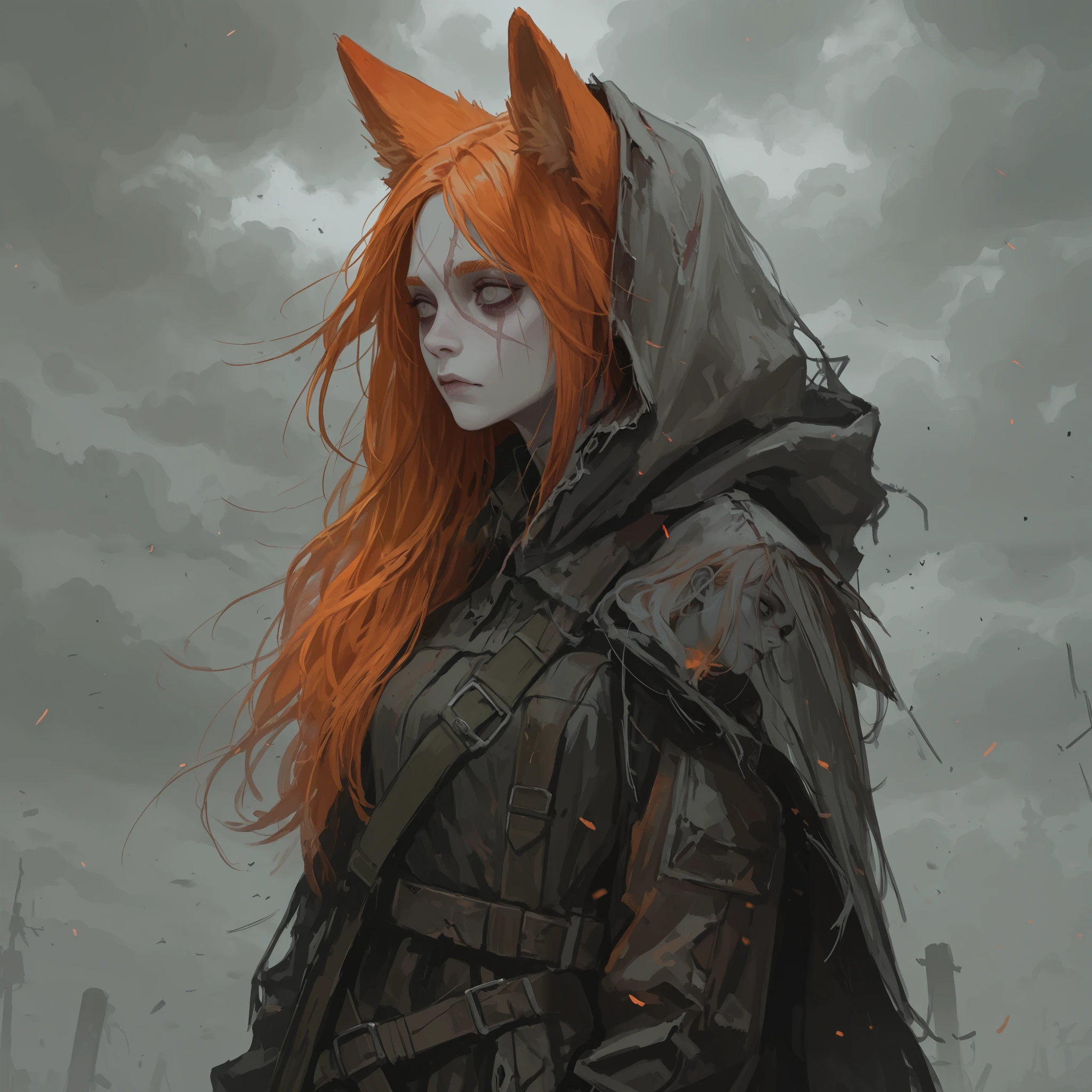 zombie undead girl, scar on face, ginger orange hair, fox ears, pale skin, cloudy eyes, wearing a post apocalypse clothing