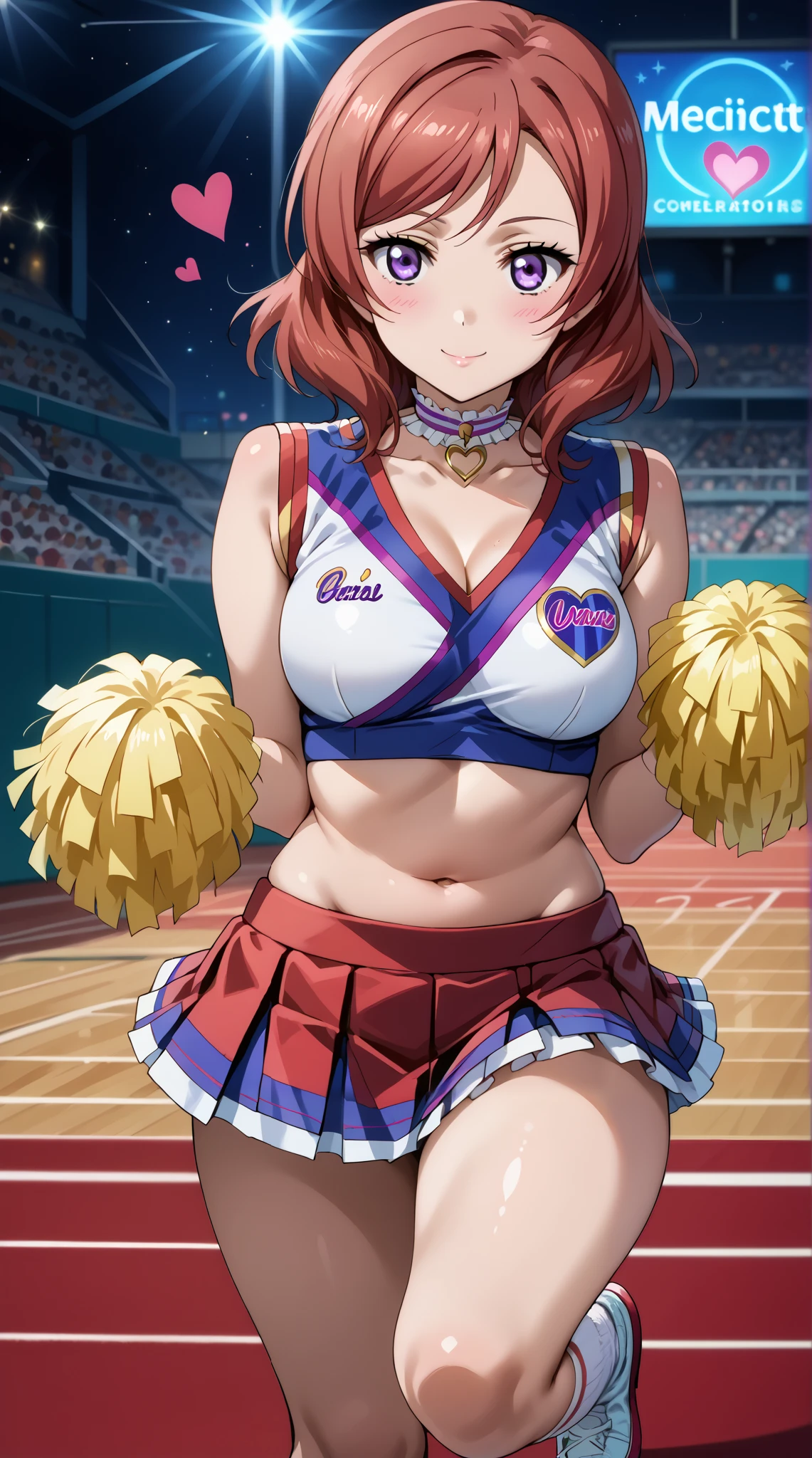 ((masterpiece)), ((best quality)), (ultra-detailed), ((kawaii)), cute, (lovely), ((sexy)), (ero), ((extremely detailed)), 4K, (8K), best quality, (beautiful), anime style, upper body, raise a hand, look up from below, colorful, full body focus, soccer stadium , beautiful sky, daytime, a cute girl, 1girl, solo, cheerleader, cheering, beautiful light brown hair, beautiful purple eyes, ((beautiful eyes)), white-skinned, ponytail, transparent hair, translucent hair, large breast, glasses, smile, lens flare, wind effect, shiny-glistening, gleaming