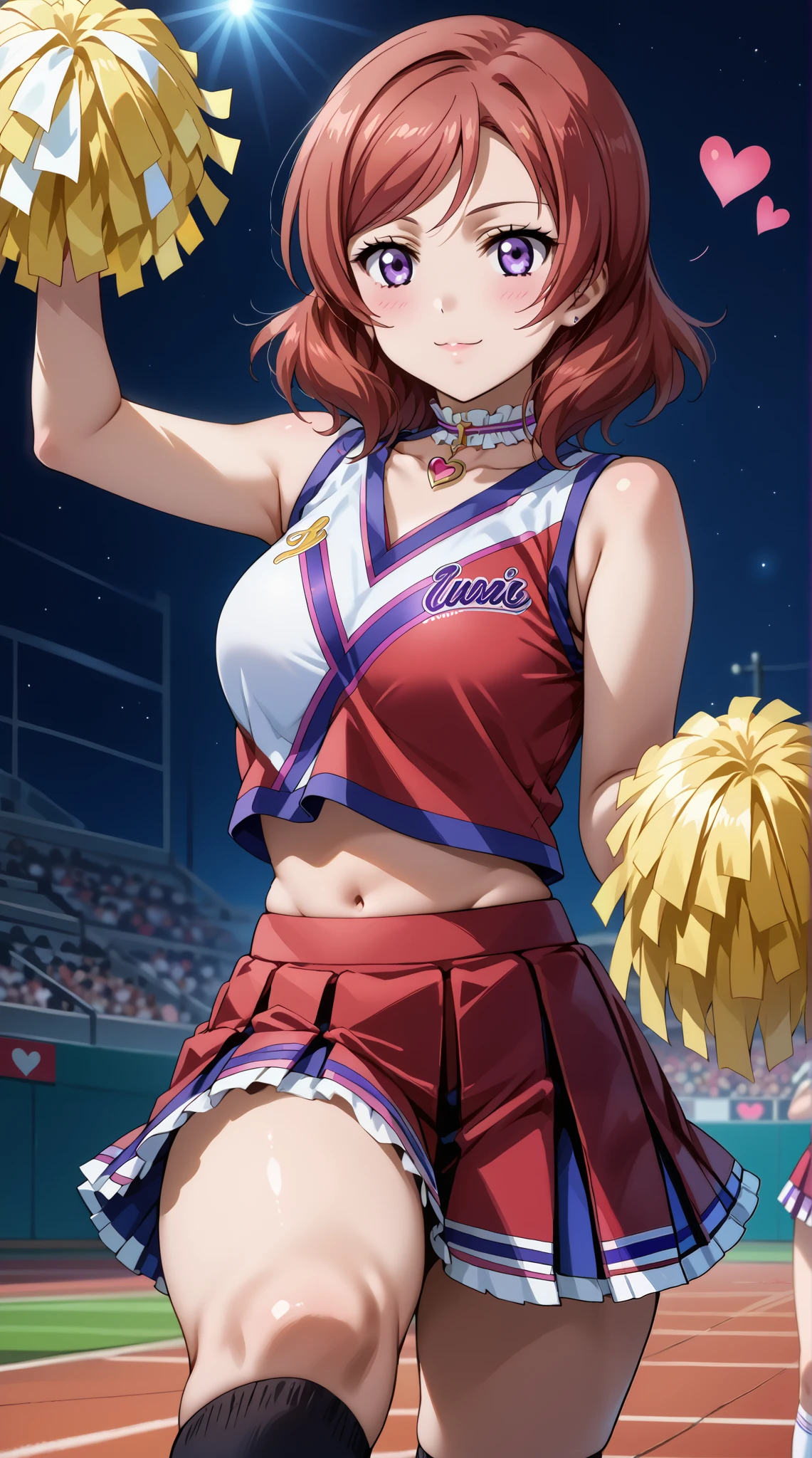 score_9, score_8_up, score_7_up, source_anime, 4K,perfect fingers,(perfect hands, perfect anatomy),prefect lighting, very aesthetic, intricate details,highly detailed background, masterpiece, high quality, best quality,
1girls,makinishikino, maki nishikino, short hair, purple eyes, red hair,((large breast)),
wearing ((cheerleader, frilled skirt、separate, Knee-high socks、Choker of Hearts, )) ,,
gyaru,