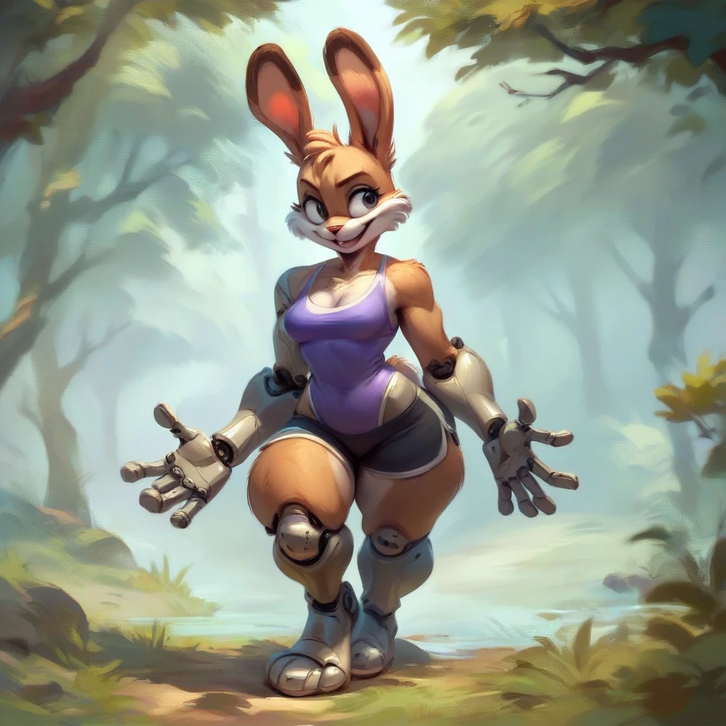 Bunnie Rabbot from Sonic Satam, wearing purple one piece swimsuit, wearing black shorts, brown fur, thick thighs, beautiful limbs, sitting down doing a pin up pose, high quality,