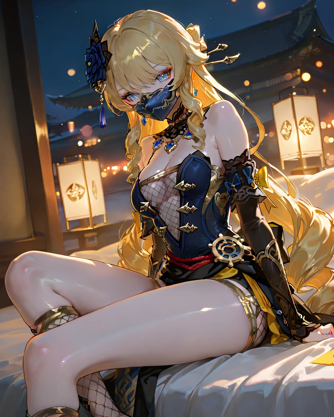 Highest quality、Blindfolded、Wings are growing、woman、god々Shii、美Shii、Blonde、Sexy Costumes、Covering his eyes with a white cloth、Red face、With legs apart、Exposed clothing、大人のwoman