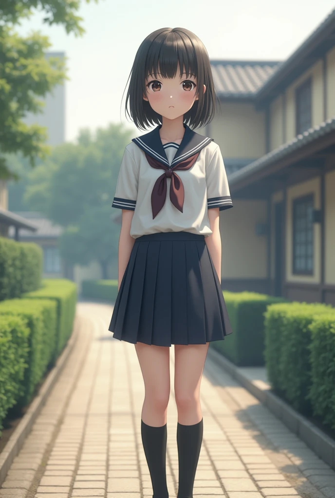 (RAW photo:1.2),(photorealistic:1.4),(masterpiece:1.3),(best quality:1.4),ultra high res,
HDR,8k resolution,dreamlike,solo focus,scenery,((no text)),
(detailed clothes features),
skin tight, (shiny skin),(slender girl),(slim girl),
(1girl,solo),<lora:VirtualGirl-Aki:0.4>,VirtualGirl-Aki, unconcerned,small breasts, bangs, hime cut, (very short hair), brown hair, brown eyes,
(student,(clothes neat),Japanese high school uniform,sailor suit,pleated skirt,stockings),