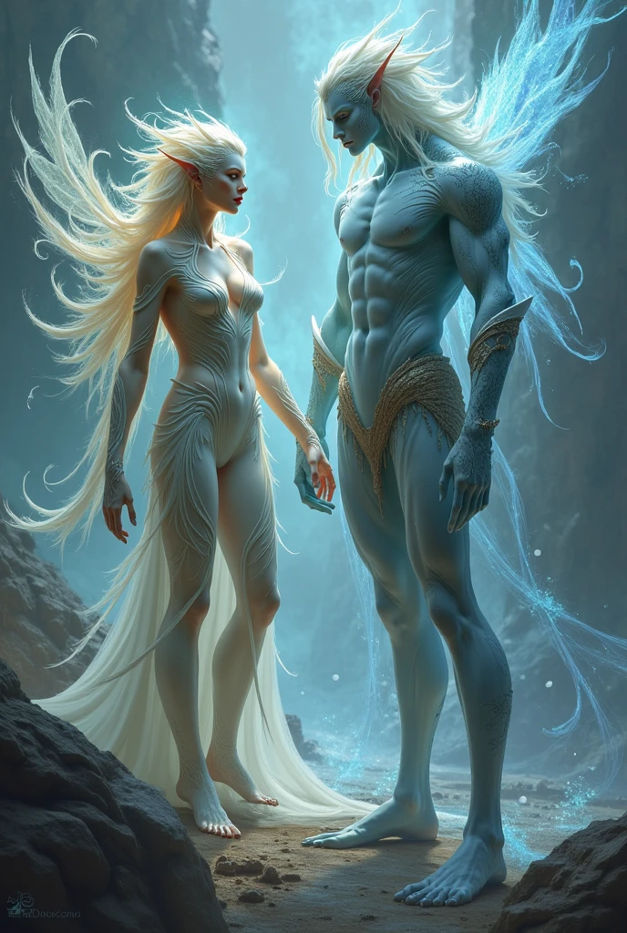 Within the shimmering depths of an enchanted oasis, a giant of flowing waters and liquid crystal stands sentinel, beside a young elven oracle whose voice resonates with the secrets of the ancient springs. A water elemental of iridescent aqua and liquid light swirls around them, its form fluid and ever-changing as it whispers the secrets of the depths.