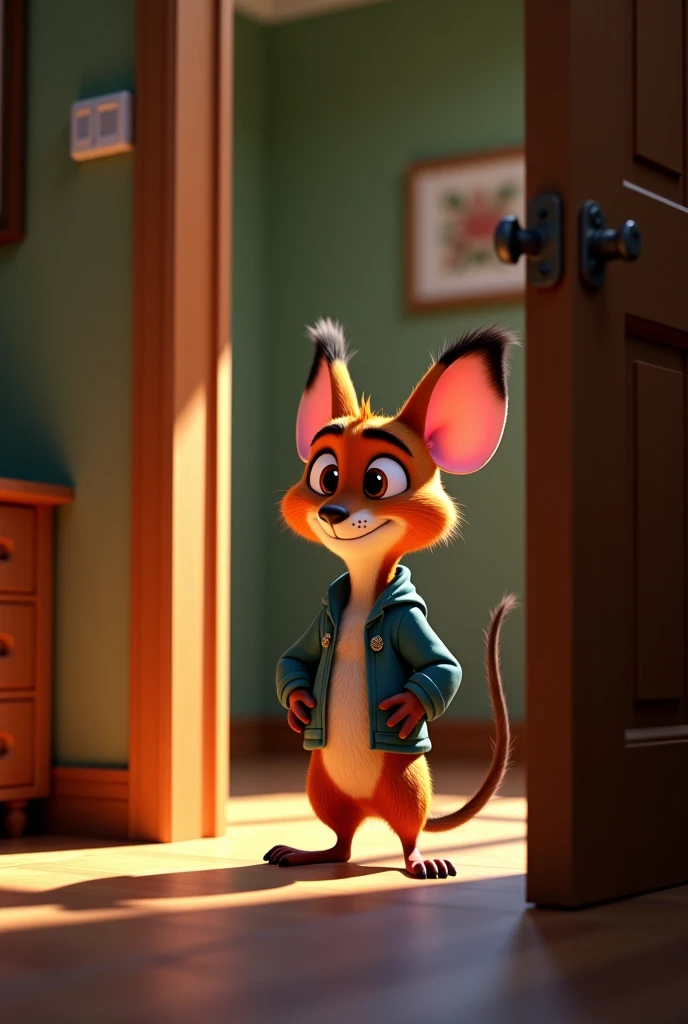there is a cartoon mouse standing in a doorway of a house, animated film, nick wilde from zootopia, video game screenshot>, animated film still, animated movie still, style of zootopia, animated movie, animation film, zootopia concept art, animation film still, frame from pixar movie, disney pixar zootopia, inspired by Marten Post, zootopia 2