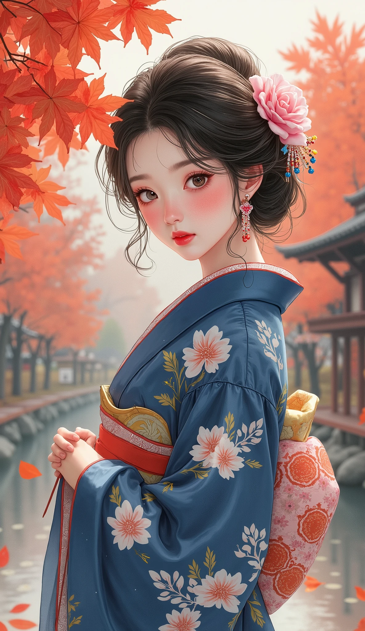 high image quality画像では、 Ukiyo-e by Komaro 、Beautiful Ukiyo-e Beauties(Extremely Attractive VeCG Unity 8k Wallpaper)、Navy Belts in a White Floral Kimono、Admire bright red autumn leaves at a riverside inn、An Undazzling Sunset、A work like the culmination of Ukiyo-e、 color difference、beautiful woman、high image quality、 facial details 、Spectacular natural scenery、Scenery is the protagonist 。