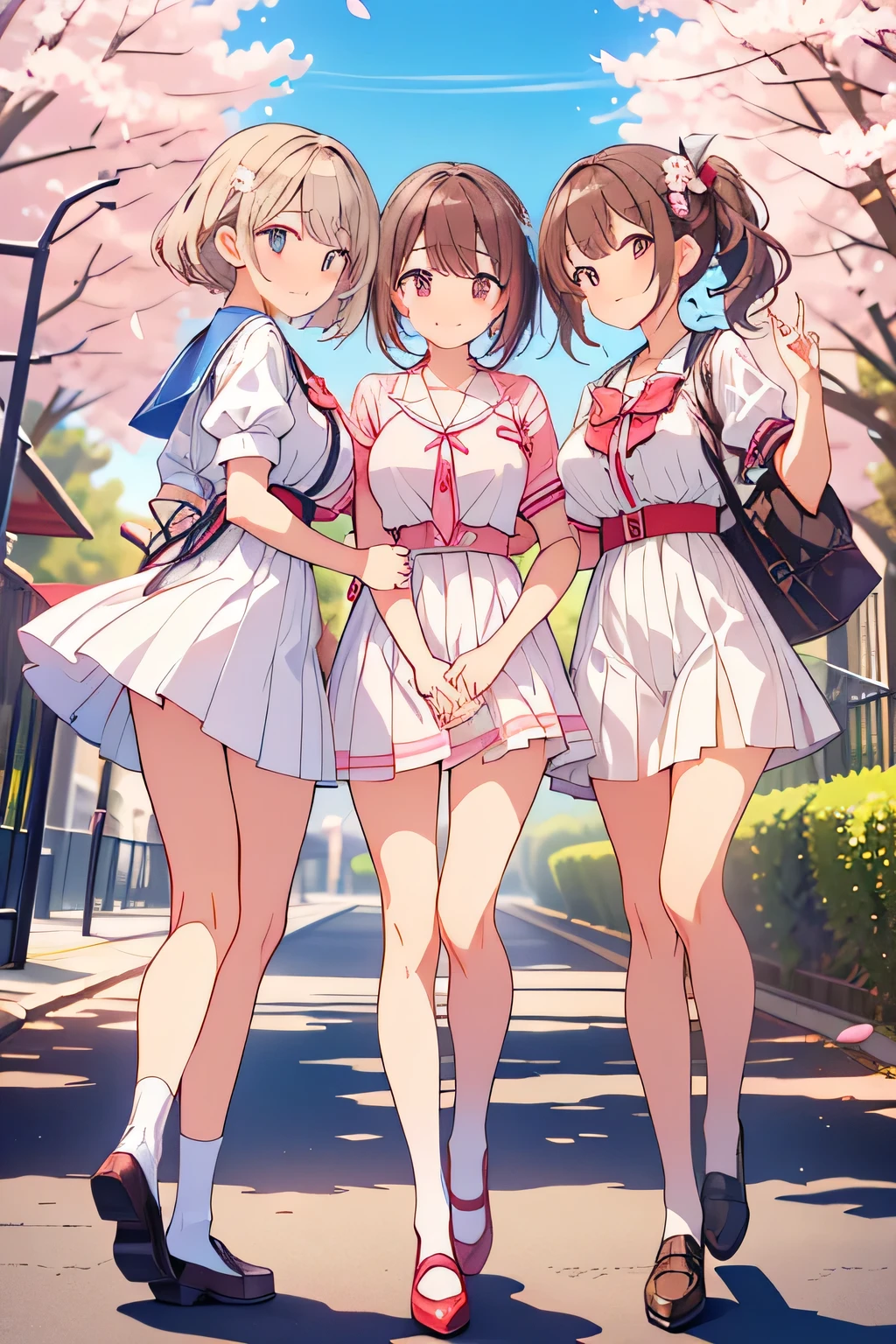best quality、high resolution、(high image quality:1.3)、masterpiece、detailed background、Highly detailed faces、detailed eyes、age beauty、huge breasts、(Normal number of fingers:1.3)、anatomically correct、perfect body line、Bright-colored hair、ponytail、Braided bob cut、Spring scenery with cherry blossoms dancing and、first time々cute girls walk through cherry blossom trees holding hands with cute、Spring Entrance Ceremony、Neatness 、Cuteness、Elegance、big smiles、

(After the entrance ceremony、3 girls taking a commemorative photo in front of the school gate:1.5)、

jump to catch cherry blossom petals、white dress with lace and ribbon、navy bolero jacket、white high socks and enamel strap shoes、Pearl and ribbon hairpins、elegant and formal look、look like a princess with neat lace and frills、cute