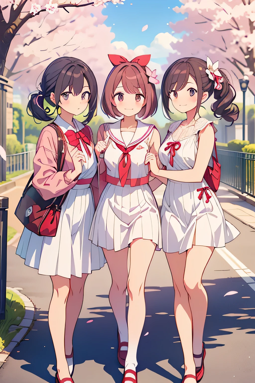 best quality、high resolution、(high image quality:1.3)、masterpiece、detailed background、Highly detailed faces、detailed eyes、age beauty、huge breasts、(Normal number of fingers:1.3)、anatomically correct、perfect body line、Bright-colored hair、ponytail、Braided bob cut、Spring scenery with cherry blossoms dancing and、first time々cute girls walk through cherry blossom trees holding hands with cute、Spring Entrance Ceremony、Neatness 、Cuteness、Elegance、big smiles、
(After the entrance ceremony、3 girls taking a commemorative photo in front of the school gate:1.5)、
jump to catch cherry blossom petals、white dress with lace and ribbon、navy bolero jacket、white high socks and enamel strap shoes、Pearl and ribbon hairpins、elegant and formal look、look like a princess with neat lace and frills、cute