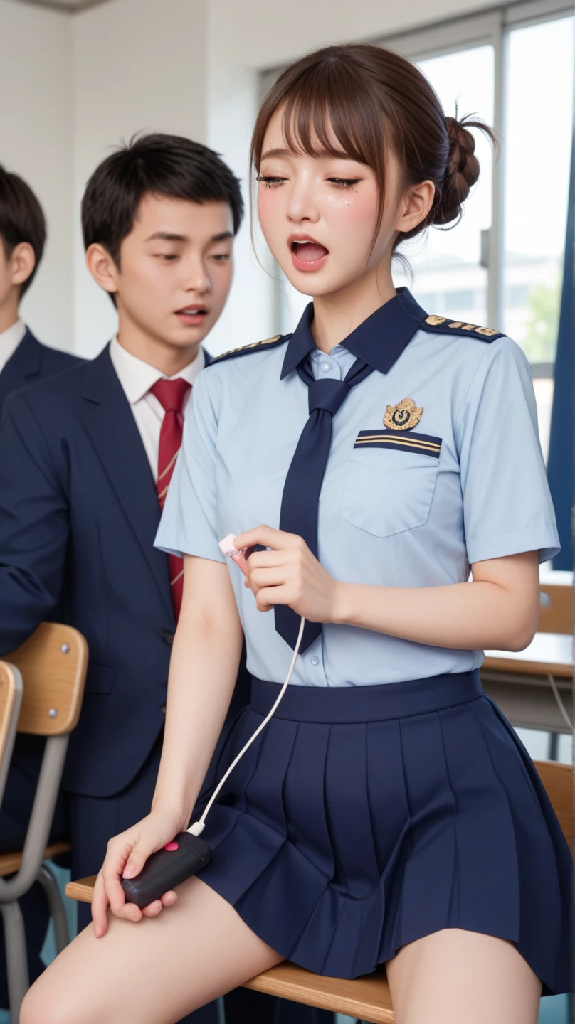 Browsing Caution,((highest quality、8k、masterpiece:1.3))、Sharp focus:1.2、Beautiful woman with perfect figure:1.4、(((Small bust A cup)))、Wet body:1.2、(((Highly detailed face and skin texture)))、Detailed eyes、double eyelid、BDSM,slave,Slender、Esbian all over,choker,From below,anger,(((Her breasts spilling out of her uniform)))、Prime lens 85mm、F-value release、School classroom、Black Stockings、Backlight、Short Hair Styles、