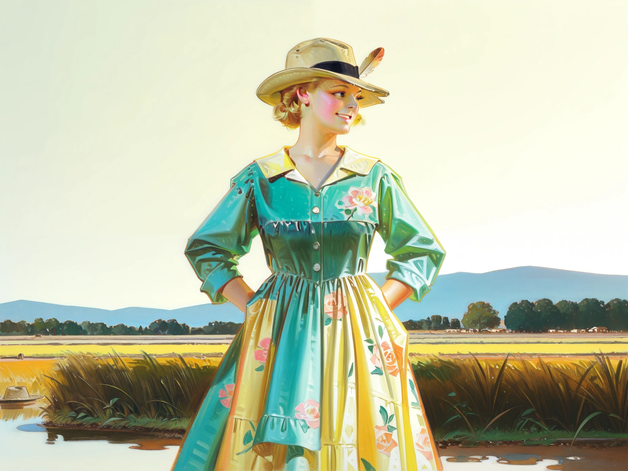 HDR, 8K, high contrast, masterpiece, best quality, amazing quality, very aesthetic, traditional paint artstyle, realistic, newest, Kinu Nishimura, Antonio J. Manzanedo
BREAK
a blonde woman standing in a farm, flowing dress, farmer's hat, holding onto hat, looking to side, warm smile, warm light, historical style, oil painting, with visible brushstrokes, composition is dynamic, strong visual focus, pastel-like colors, slightly golden-tone lighting, atmospheric, outdoors.