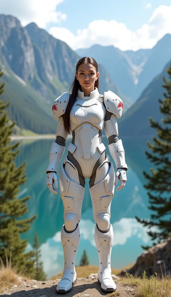 symmetra2,dark skin, brown eyes, long black hair,headgear,mechanical arm,single mechanical arm, blue dress, looking at viewer, smiling, close up, outside, field, lake, winter, blue sky, high quality, masterpiece, <lora:Symmetra:.7>
