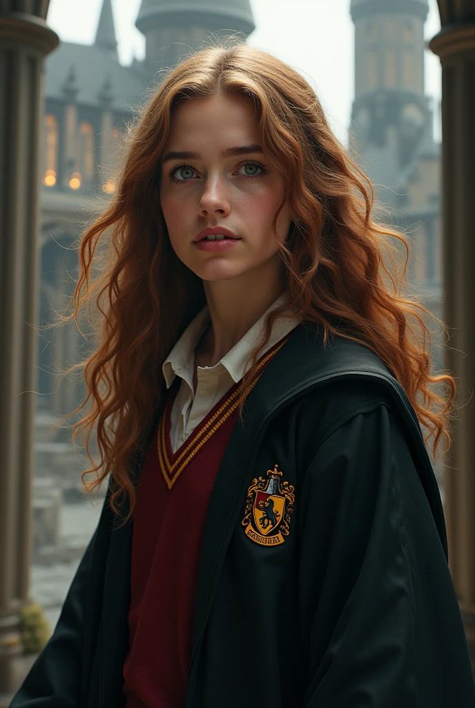 An illustrated movie poster, hand-drawn, full color, a teenage Hogwarts student, 18-years-old, female, wearing a charcoal vest and a pleated skirt, athletic hourglass figure, busty bosoms, full wide hips, massive round butt, long shapely legs, ridiculously thick powerful thighs, vibrant eyes, red auburn hair, thick shaggy bangs, flushed sun-kissed complexion, freckles, resembles Angourie Rice, standing in a foggy Hogwarts courtyard, surrounded by mist, graphite shading, stencil marks, airbrushed acrylic paint, masterpiece, close-up shot, in the style of the Deathly Hallows