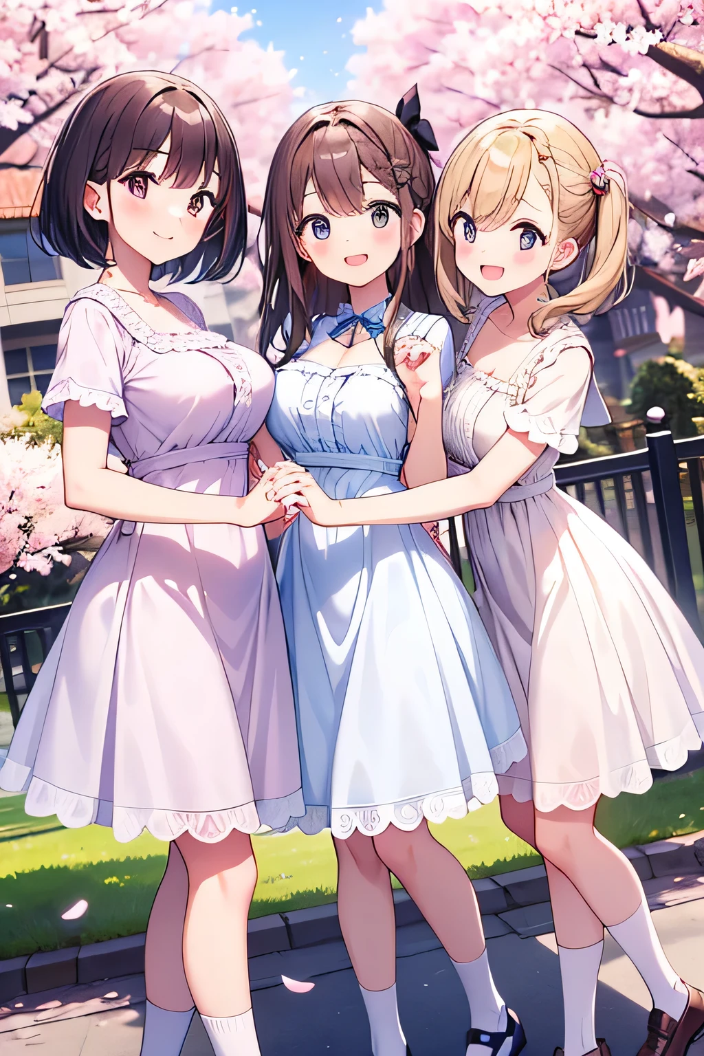 best quality、high resolution、(high image quality:1.3)、masterpiece、detailed background、Highly detailed faces、detailed eyes、age beauty、huge breasts、(Normal number of fingers:1.3)、anatomically correct、perfect body line、Bright-colored hair、ponytail、Braided bob cut、Spring scenery with cherry blossoms dancing and、first time々cute girls walk through cherry blossom trees holding hands with cute、Spring Entrance Ceremony、Neatness 、Cuteness、Elegance、big smiles、
(After the entrance ceremony、3 girls taking a commemorative photo in front of the school gate:1.5)、
jump to catch cherry blossom petals、white dress with lace and ribbon、navy bolero jacket、white high socks and enamel strap shoes、Pearl and ribbon hairpins、elegant and formal look、look like a princess with neat lace and frills、cute