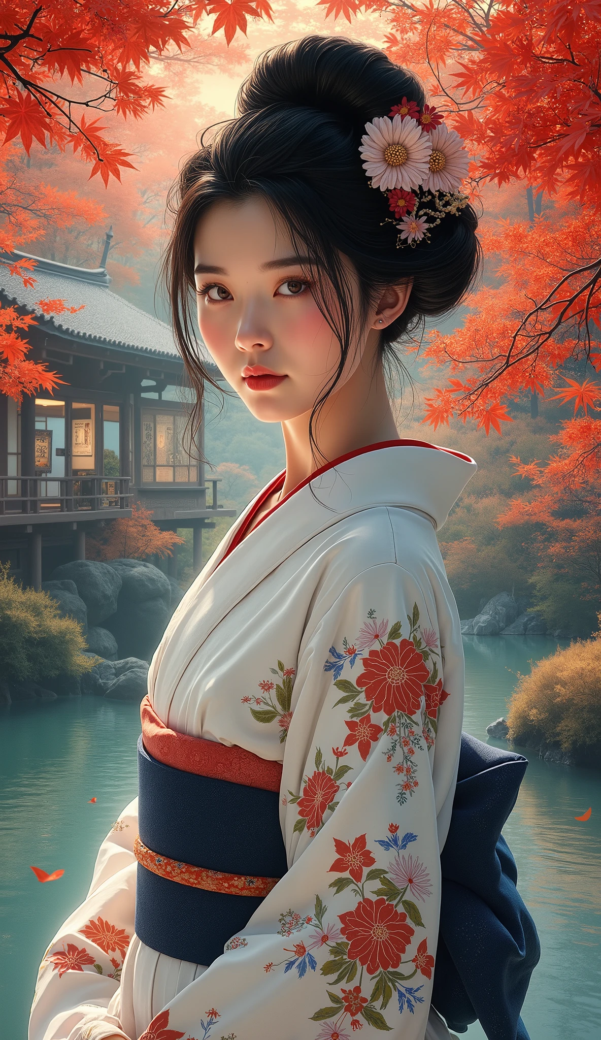 high image quality画像では、 Utamaro's Ukiyo-e 、Beautiful Ukiyo-e Beauties(Extremely Attractive VeCG Unity 8k Wallpaper)、Navy Belts in a White Floral Kimono、Admire bright red autumn leaves at a riverside inn、An Undazzling Sunset、A work like the culmination of Ukiyo-e、 color difference、beautiful woman、high image quality、 facial details 、Spectacular natural scenery、Scenery is the protagonist 。