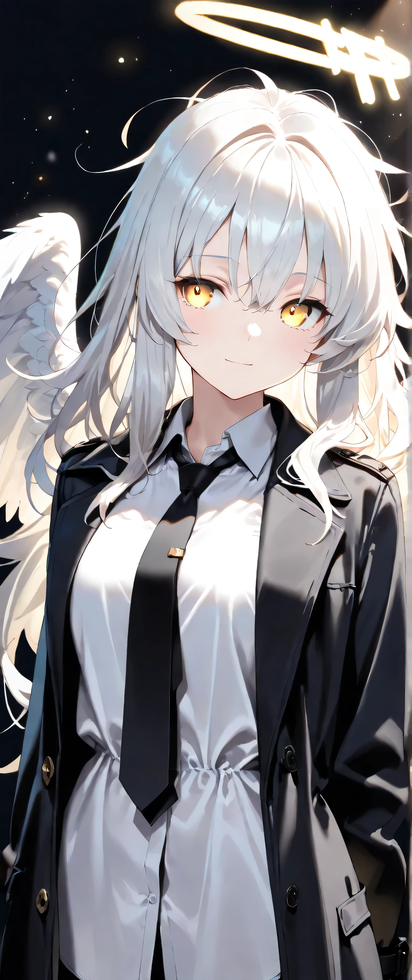 (masterpiece, best quality:1.3), (Extremely detailed:1.3), 1 Girl, Solitary, (White hair, Messy hair, Long hair), (Angel Wings, Angel Halo), Yellow eyes, (White shirt, Black tie, Black coat, Open coat), Cowboy shooting, light, (((Glowing light particles))), Dynamic Angle, light smile, back light, simple background