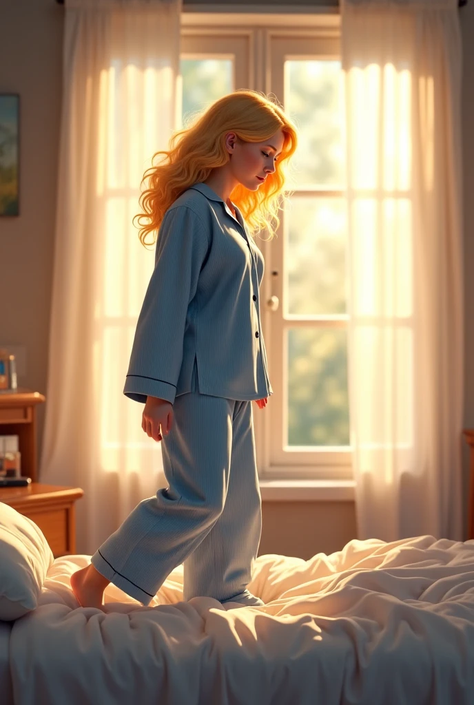 Realistic full-body photo, wearing cream-colored short evening clothes see through the curvy body, standing on the back to a mirror, face to photo, yellow light shooting from outside the side room, (blonde hair, medium color) --auto --s2