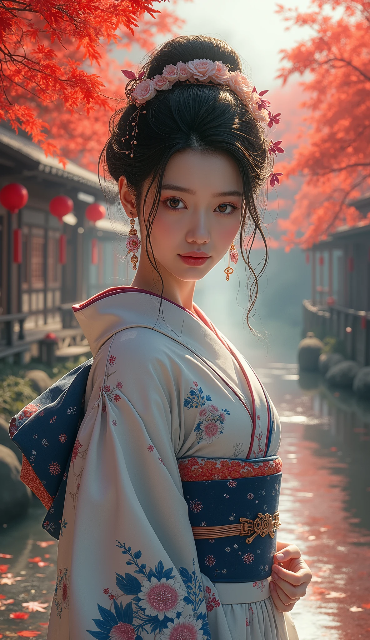 high image quality画像では、 Utamaro's Ukiyo-e 、Beautiful Ukiyo-e Beauties(Extremely Attractive VeCG Unity 8k Wallpaper)、Navy Belts in a White Floral Kimono、Admire bright red autumn leaves at a riverside inn、An Undazzling Sunset、A work like the culmination of Ukiyo-e、 color difference、beautiful woman、high image quality、 facial details 、Spectacular natural scenery、Scenery is the protagonist 。