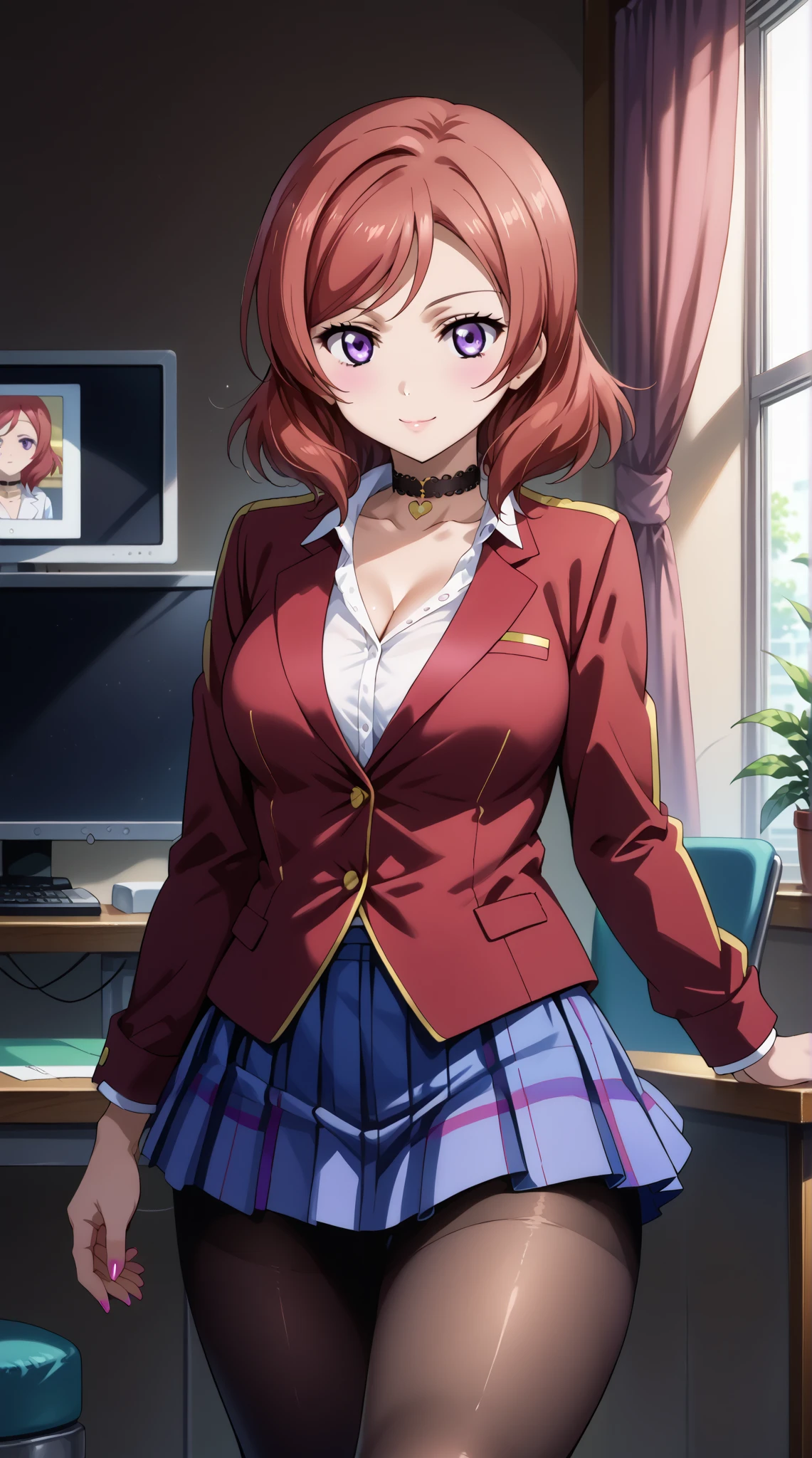 score_9, score_8_up, score_7_up, source_anime, 4K,perfect fingers,(perfect hands, perfect anatomy),prefect lighting, very aesthetic, intricate details,highly detailed background, masterpiece, high quality, best quality,
1girls,makinishikino, maki nishikino, short hair, purple eyes, red hair,((large breast)),
wearing ((pantyhose, choker, )) ,,
gyaru,