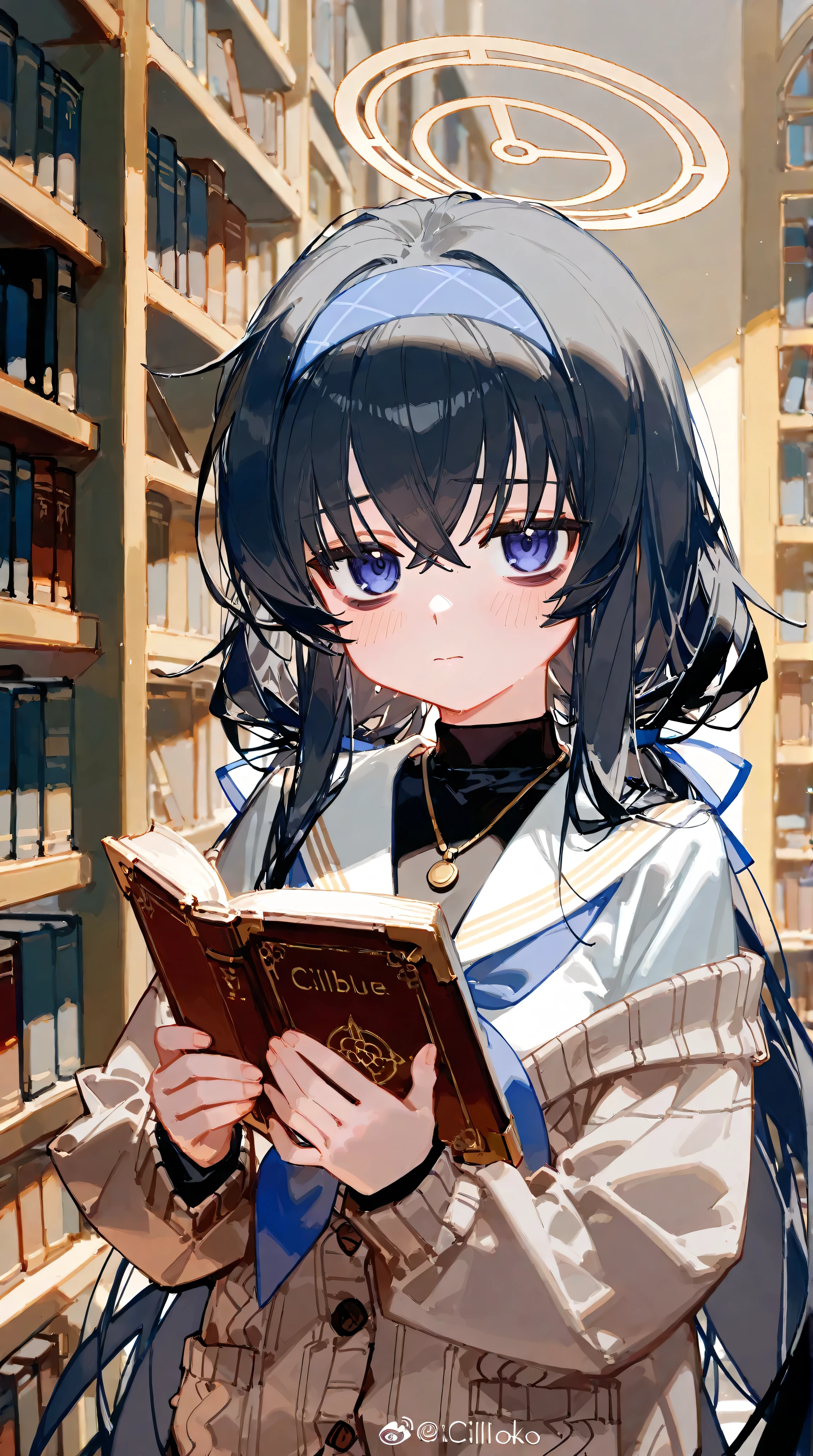 (ciloranko:1.3), 1girl, ui (blue archive), solo, book, long hair, black hair, holding book, holding, hairband, bangs, bags under eyes, blue hairband, sailor collar, blush, long sleeves, looking at viewer, cardigan, closed mouth, white sailor collar, hair between eyes, school uniform, halo, upper body, serafuku, grey cardigan, very long hair, open book, blue eyes, purple eyes, shirt, crossed bangs, ribbon, black undershirt, twintails, bookshelf, brown cardigan, white serafuku, tianliang duohe fangdongye