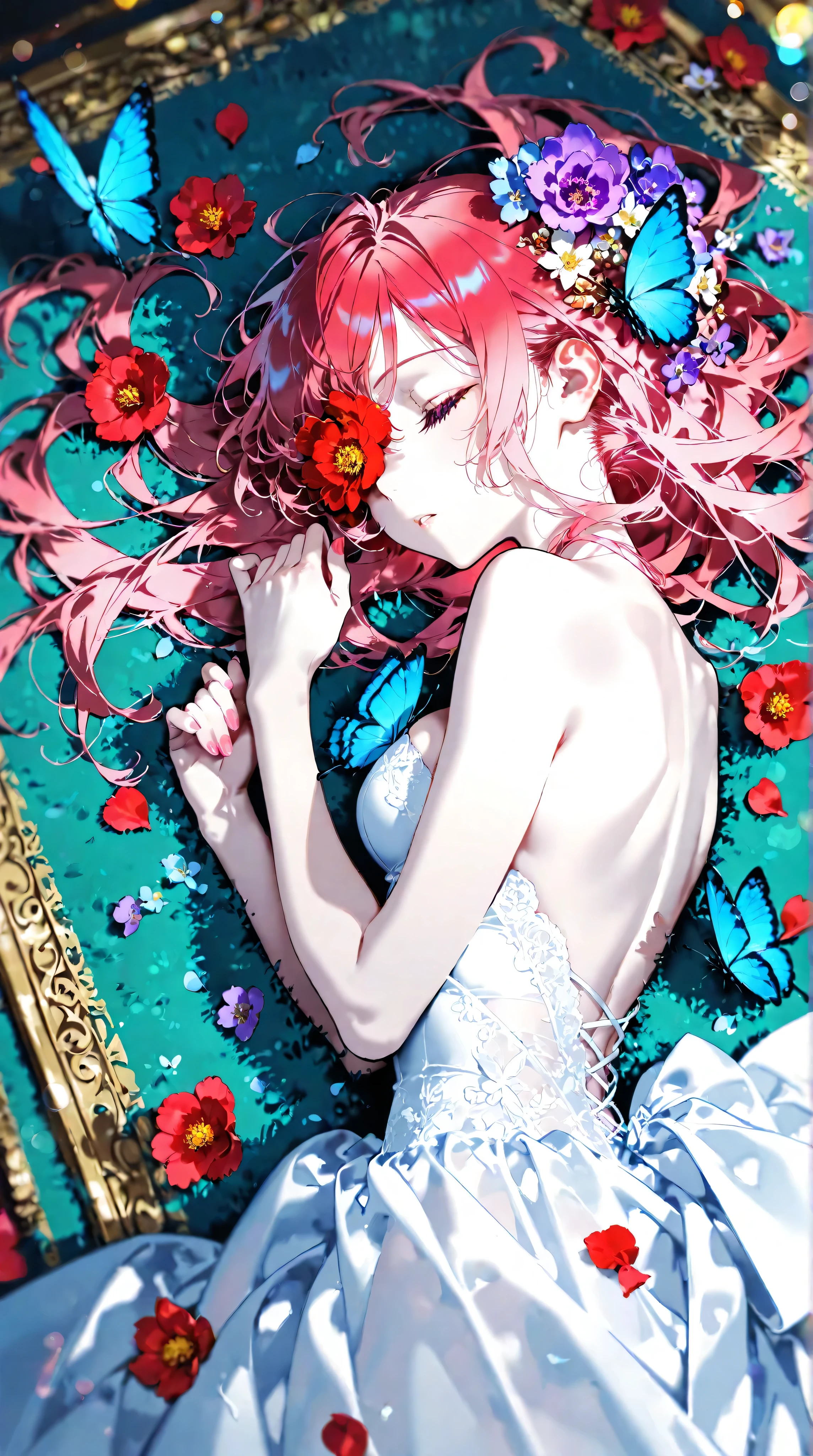 best quality, high quality, masterpiece, detailed, colorful,
break
by yoneyama mai,
break
1girl, solo, sleeping, peaceful, pale skin, parted lips, detailed multicolored eyes, pink eyes, one eye covered, flowers over eyes, eyelashes, detailed long hair, pink hair, red hair, floating hair, multicolored hair, transparent, hair flowers, hair ornament, bangs, breasts, white dress, Open back wedding dress, strapless, bare shoulders, fingernails, nail polish, perfect hands, good hands,
break
butterfly, bug, blue butterfly, blue flowers, red flowers, purple flowers, petals, green carpet,
break
depth of field, bokeh,
