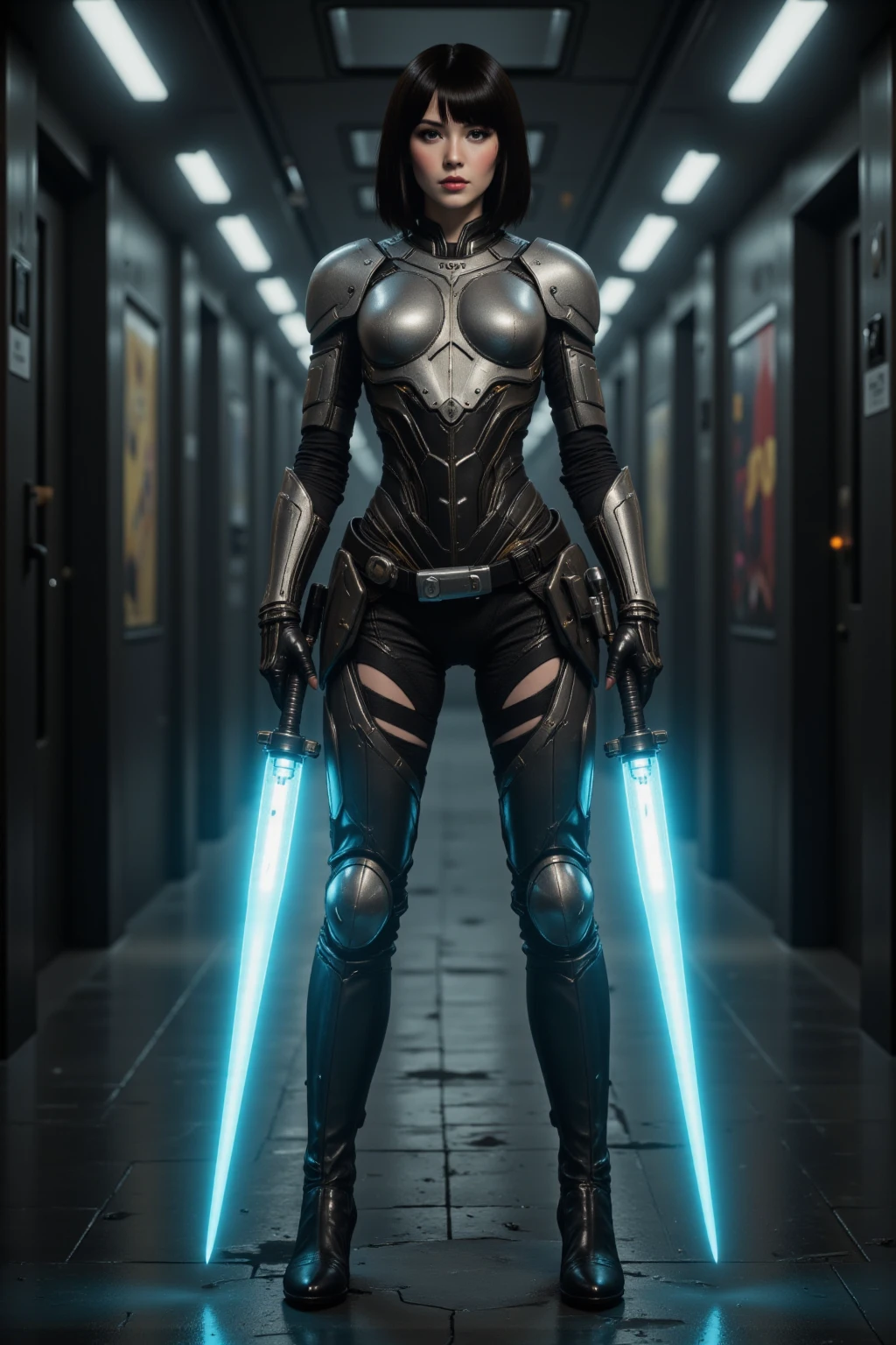 young-woman-type cyborg, ((full body)), with her head, hands and legs armored, no lingerie, walking with her legs spread apart, with her ray gun in the holster at her right leg, beautiful chest, from front below