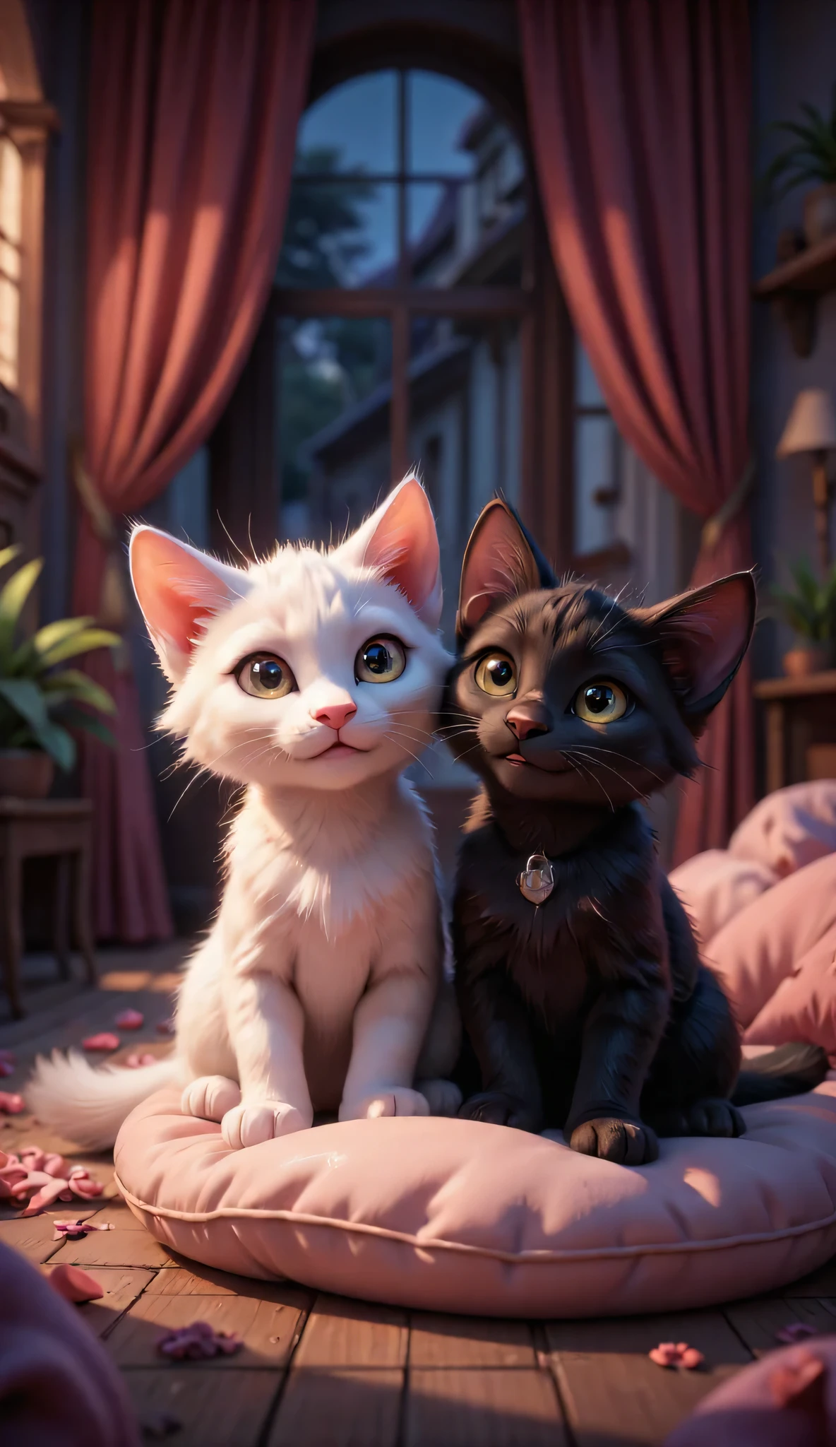 3D characters, cute happy white and black kittens, sitting on a pillow, Inside the house, masterpiece, Background Blur, Shut your mouth.
