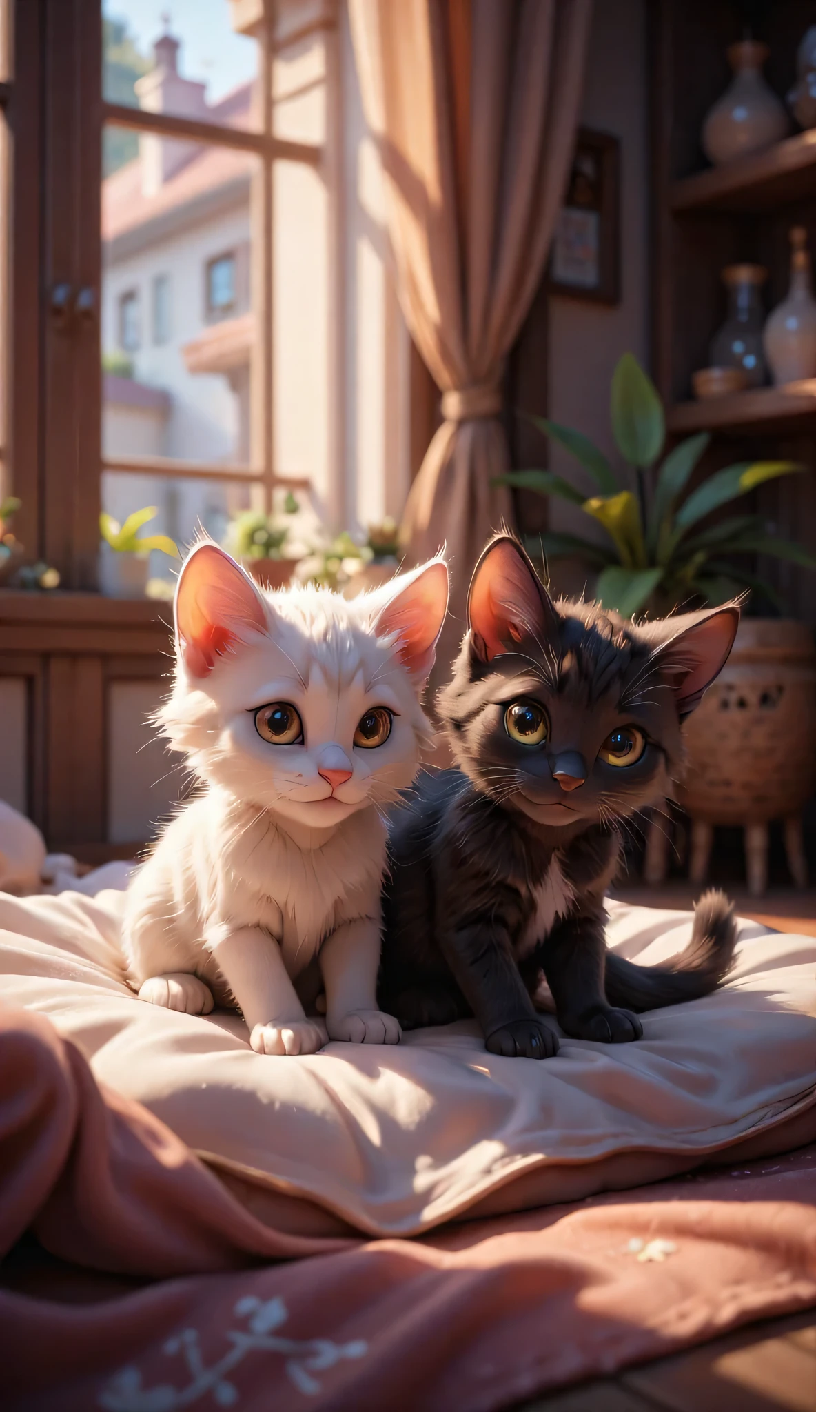 3D characters, cute happy white and black kittens, sitting on a pillow, Inside the house, masterpiece, Background Blur, Shut your mouth.