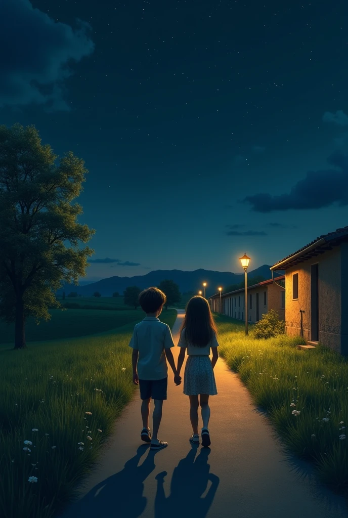 A boy and a girl holding hands on an uphill street staring at each other at the top of the hill and the moon shining in the sky and from the uphill street below you can see the town covered by houses  