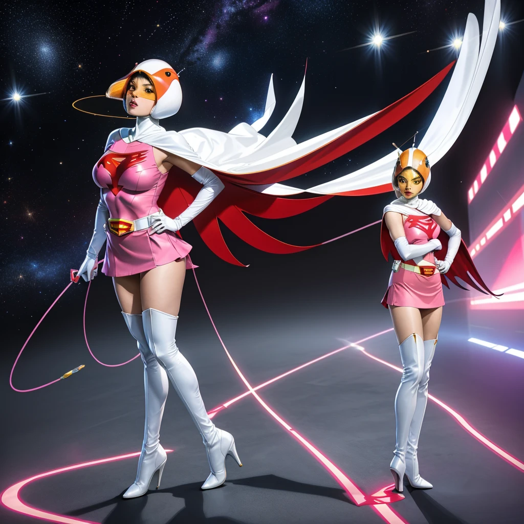 ANI_CLASSIC_jun_gatchaman_ownwaifu,1girl, 15 years old,good anatomy, masterpiece, best quality,realistic, hyperrealistic, 16k hdr,breasts,green eyes,lips,large breasts,lipstick,makeup,gloves,cape,helmet,belt,elbow gloves,white gloves,mask,ultra miniskirt,leotard,spacesuit,white tight overknee highheels boots,pink dress,superhero,bodysuit,cleavage,erected nipples,((jumping poses,arms up straight)),cameltoe