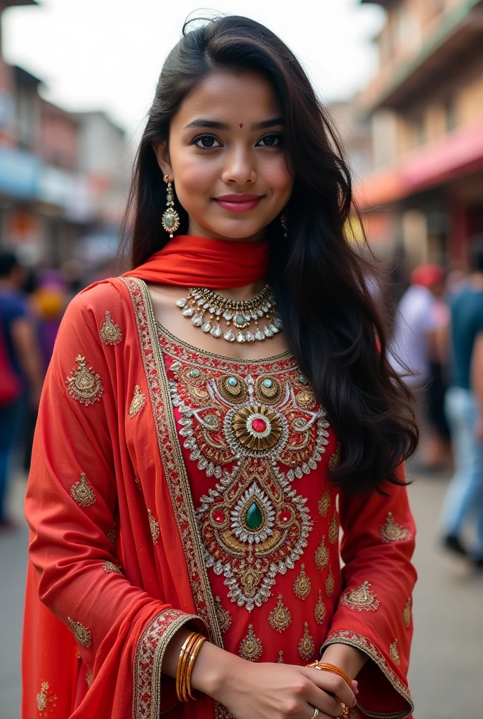 a woman in a churidar dress standing on a sidewalk, simple dress, indian, indian girl with fair skin, mid shot portrait, casual pose, with a seductive smile, close up portrait shot, close - up portrait shot, close body shot, closeup portrait shot, a cute young woman, elegant smiling pose, beautiful model,