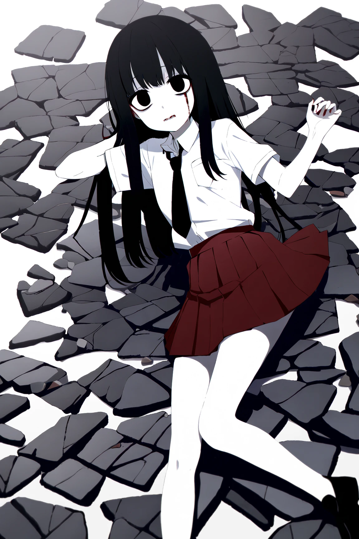 touko, 1girl, solo, skirt, egg, blood, school uniform, sitting, kneehighs<lora:touko:1>