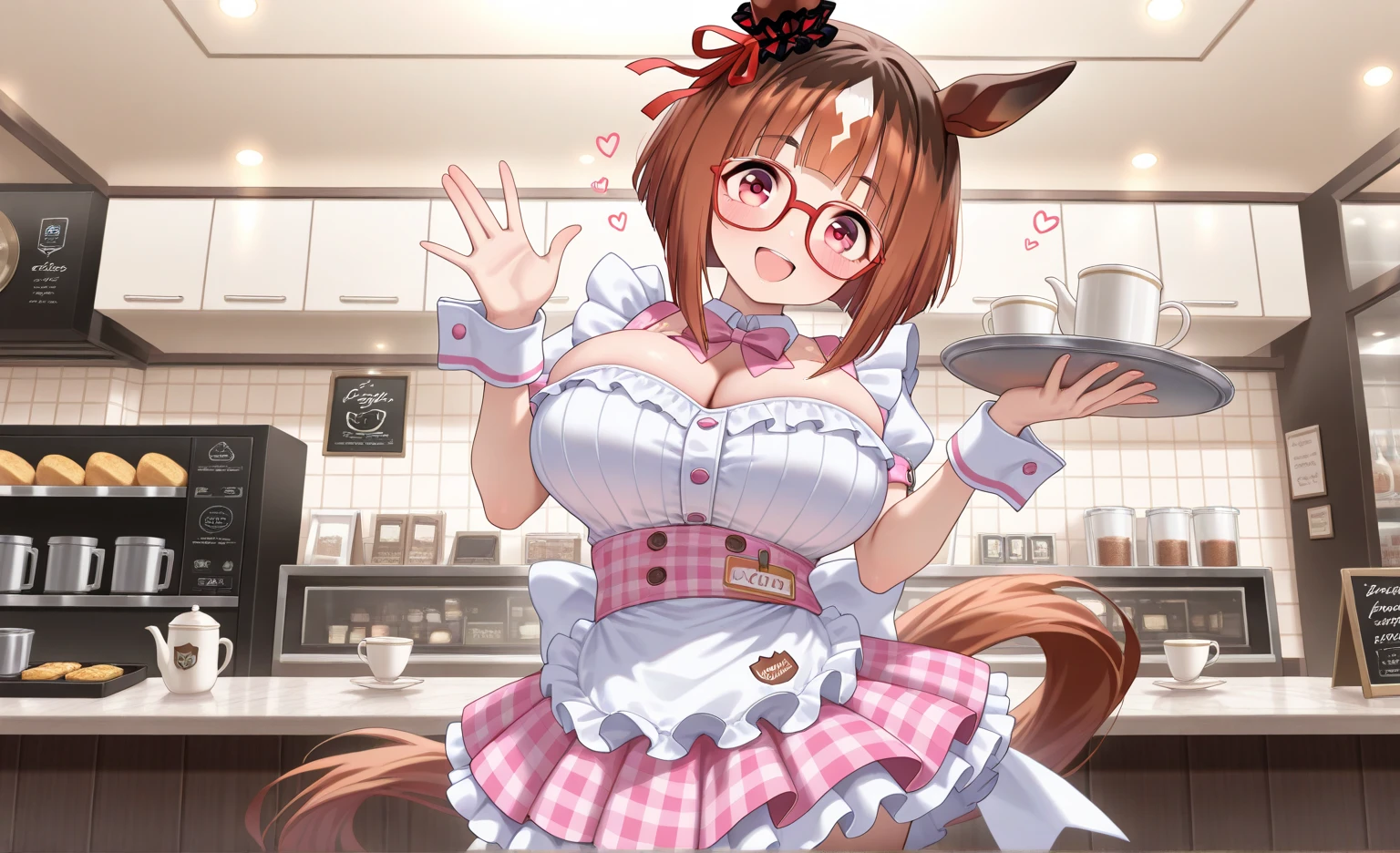 Highest quality,masterpiece, best resolution, nsfw, 1 girl, reverse bunny, huge breasts,pink nipple, belly button, shaved pussy,indoor, cafe, blush, standing, looking at viewer, horse ears, horse tail, Copano Rickey