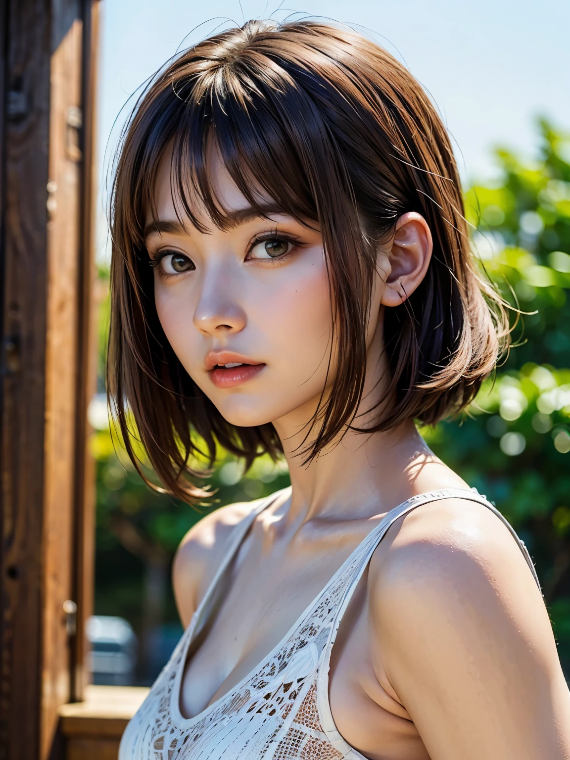 (Ultra-realistic), (figure), (High resolution), (8k), (Very detailed), (Best figure), (Beautiful and detailed), (Highest quality), (Super detailed), (masterpiece), (wallpaper), (Detailed face), alone, One Girl, watching viewer, Trendy summer clothes,Less exposure、Fine details, Detailed face, In the Dark, Deep Shadow, Modest, Pure Erotic Face Ace_v1, cool, short hair, Pointed diagonal bangs,driving