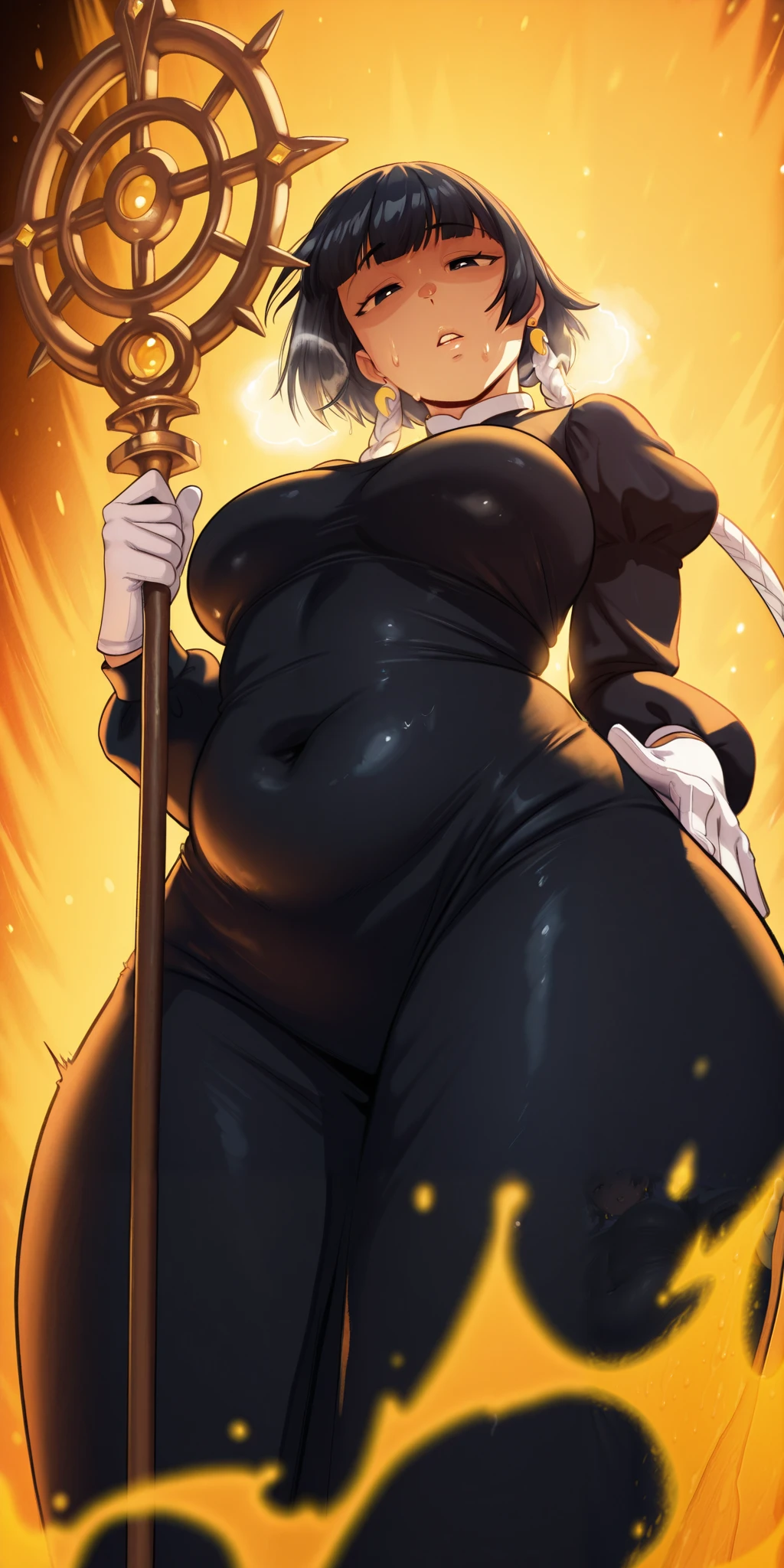 greatm8, perfect eyes, perfect fingers, gasping, heavy breathing, excessive sweating, sweating, sweating profusely, gasping profusely, cinematic, ((skindentation)), ((curvy)), black hair, short hair with long locks, black eyes, blunt bangs, hair rings, twin braids, bright pupils, plump, BREAK anime-style, anime coloring, cgi, Hand drawn, cinematic, Sharp focus, humorous illustration, big depth of field, Masterpiece, concept art, trending on artstation, Vivid colors, Simplified style, trending on ArtStation, trending on CGSociety, Intricate, Vibrant colors, Soft Shading, Simplistic Features, Sharp Angles, Playful, excessive sweating, sweating profusely, sweating drop BREAK, 1girl, solo, gloves, breasts, earrings, jewelry, white_gloves, black_hair, staff, looking_at_viewer, parted_lips, holding, dress, from_below, holding_staff, long_sleeves, puffy_sleeves, covered_navel, black_dress, ((dusty)), ((aura)), Cinematic, looking down, shaded face