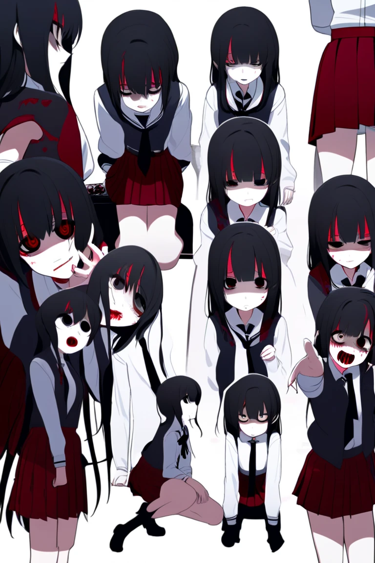 , Artwork, fitted white secretary shirt with black tie,White-panties, skirt short,sock, Bblack hair,antler, frightful,desk,bangs on the eyes,Lighting,antler de cabelo, Evil smile, facing at viewer, gazing at viewer, from low, squatting down de frente, squatting down, crotch exposed, sexual expression, Bblack hair,horns on the head,red eyes glowing,ashamed,blushed,big breasts,cloused mouth,hands on knees