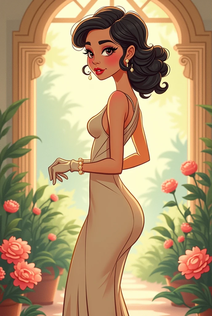 Realistic cartoon rich beautiful judgemental filipina mom wearing pink dress and gold jewelries