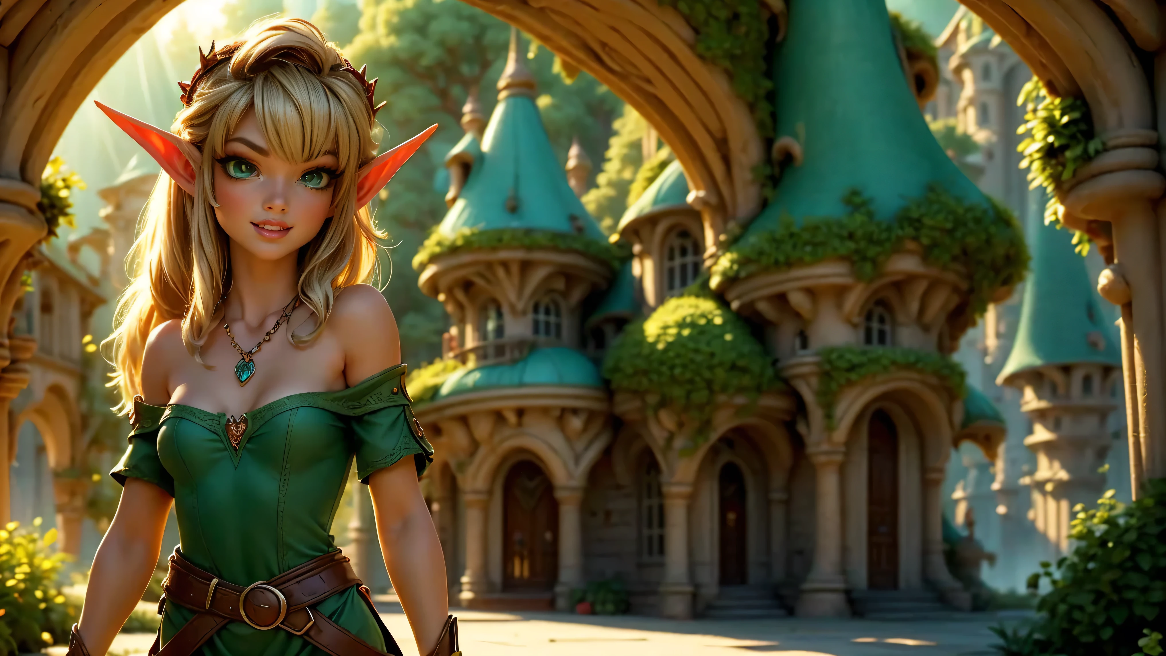 ((1girl)), ((solo)), ((young woodland warrior elf girl)), ((walking through an elf village)), ((male elves turning to look at her)), ((elf girl focus)), ((long dark hair)), ((small pointy ears)), ((round breasts)), thigh-highs, formfitting eleven clothes, tight clothes, ((looking at viewer)), ((green eyes)), ((beautiful day)), ((smiling)), Perfect body, beautiful, young, tempting, alluring, jewelry, necklace, off shoulder, ((skinny)), ((petite)), ((small)), flirting with camera, Best Looks, ((fantasy castle in the background)), beams of sunlight, fantasy